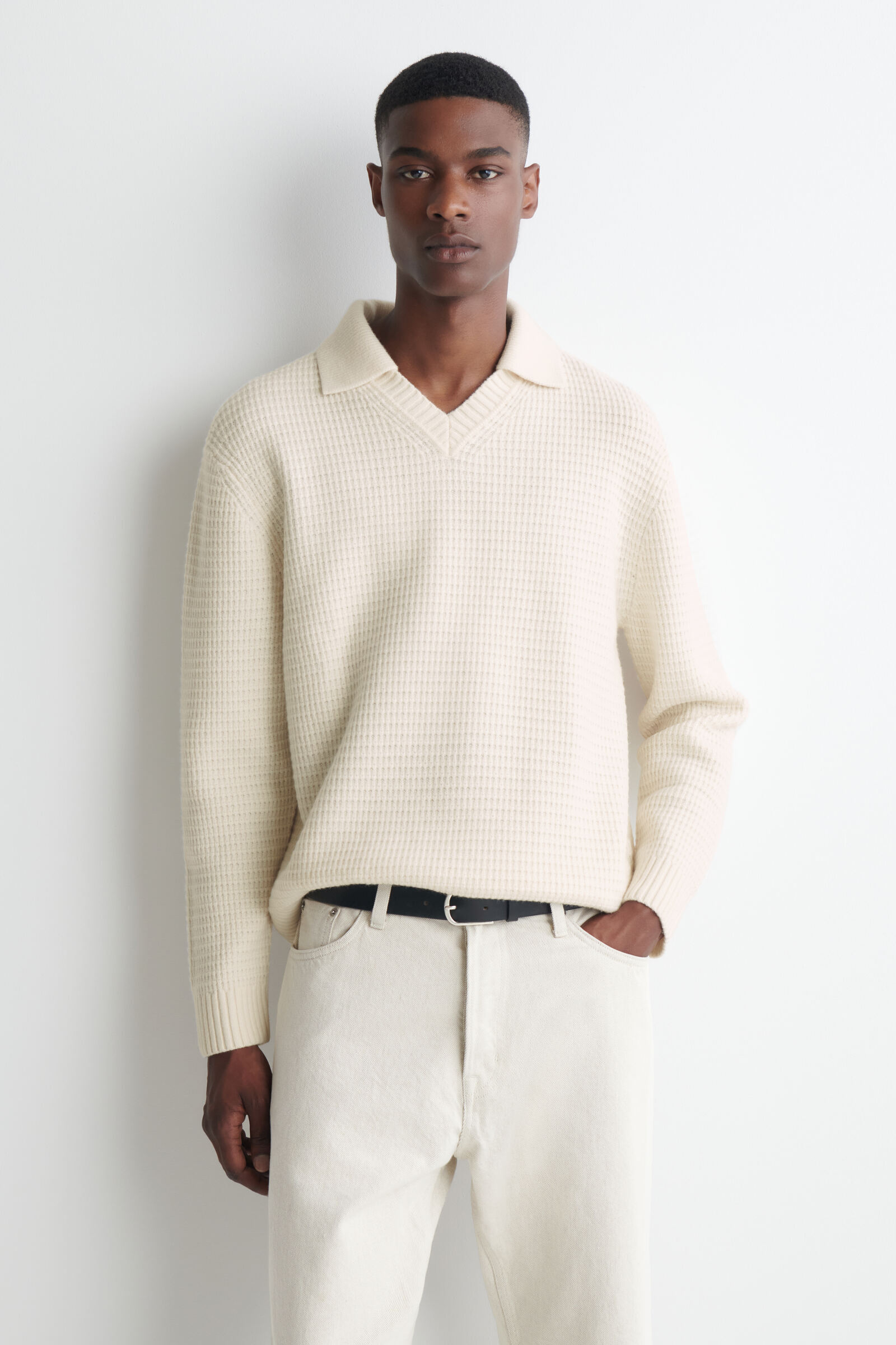 WAFFLE-KNIT WOOL POLO JUMPERCREAM