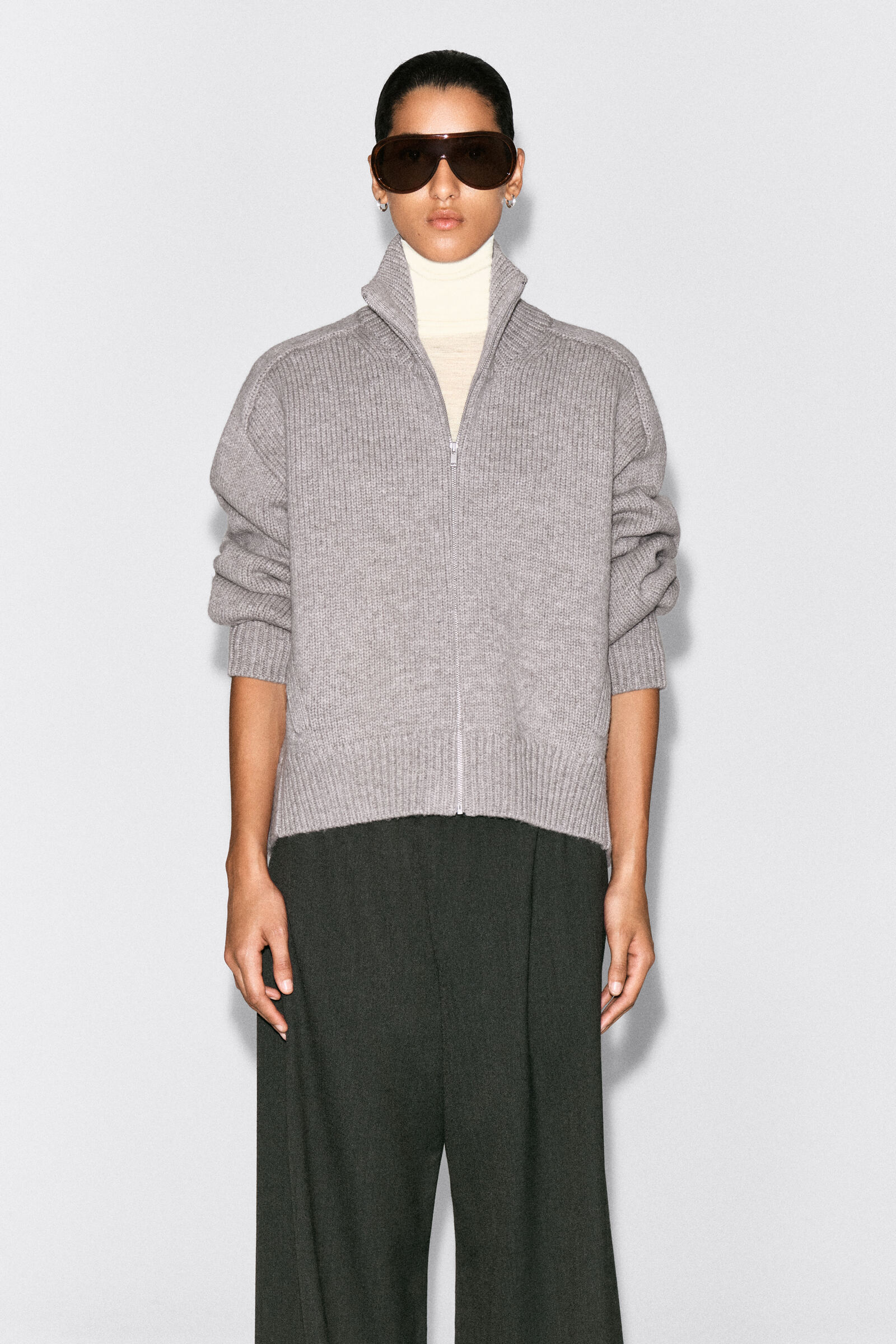 ROUNDED WOOL FUNNEL-NECK ZIP-UP JACKETGREY MÉLANGE