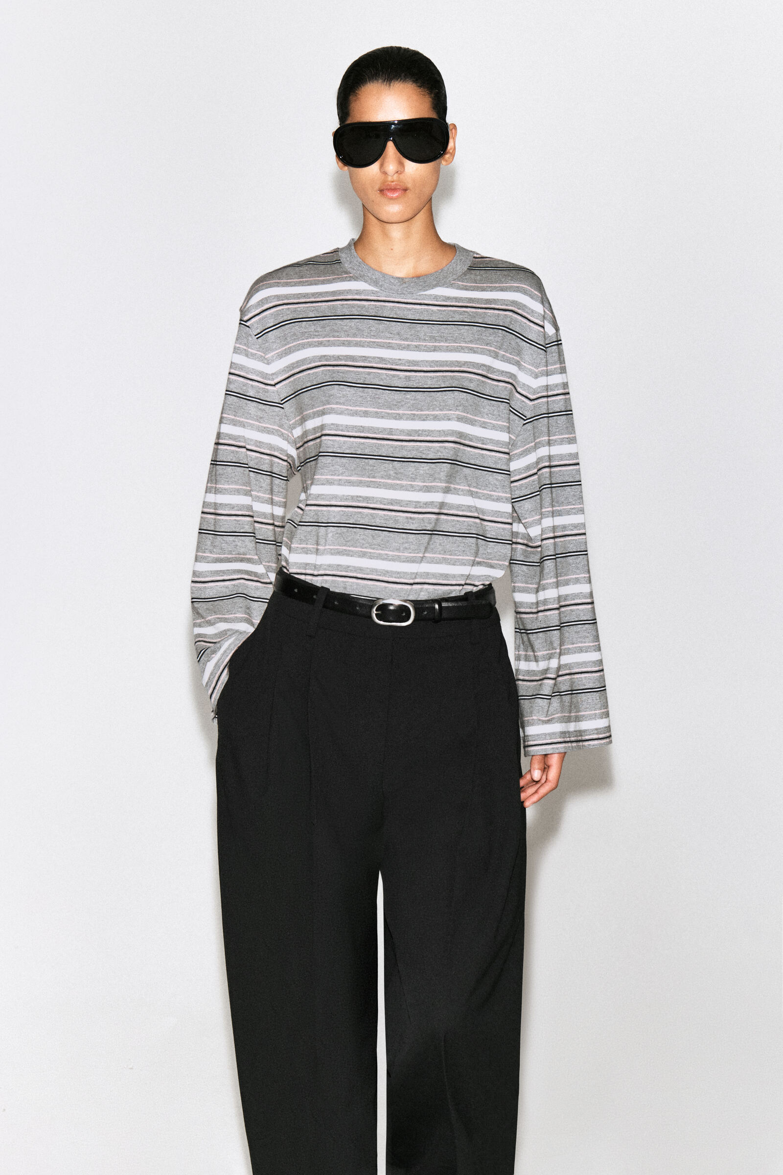 BRUSHED-COTTON LONG-SLEEVED T-SHIRTGREY / STRIPED