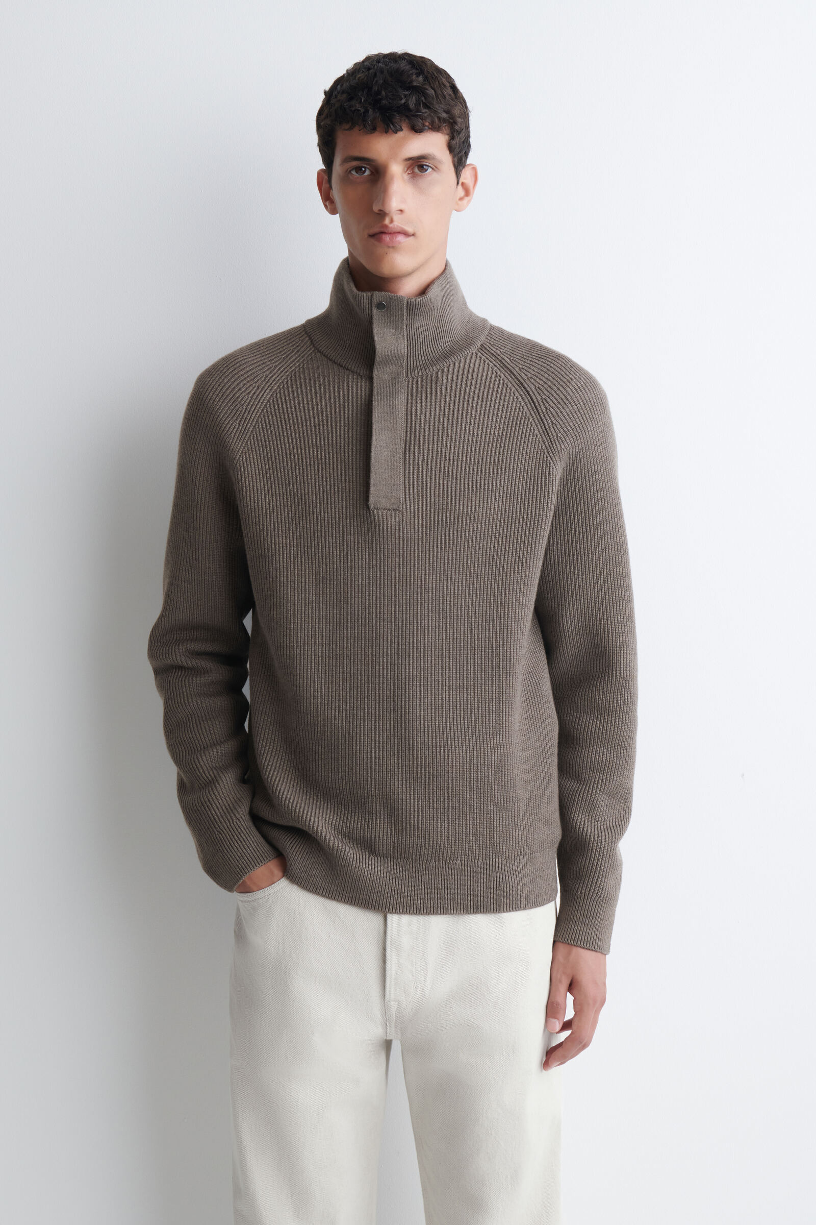 RIBBED WOOL HALF-ZIP JUMPERBROWN