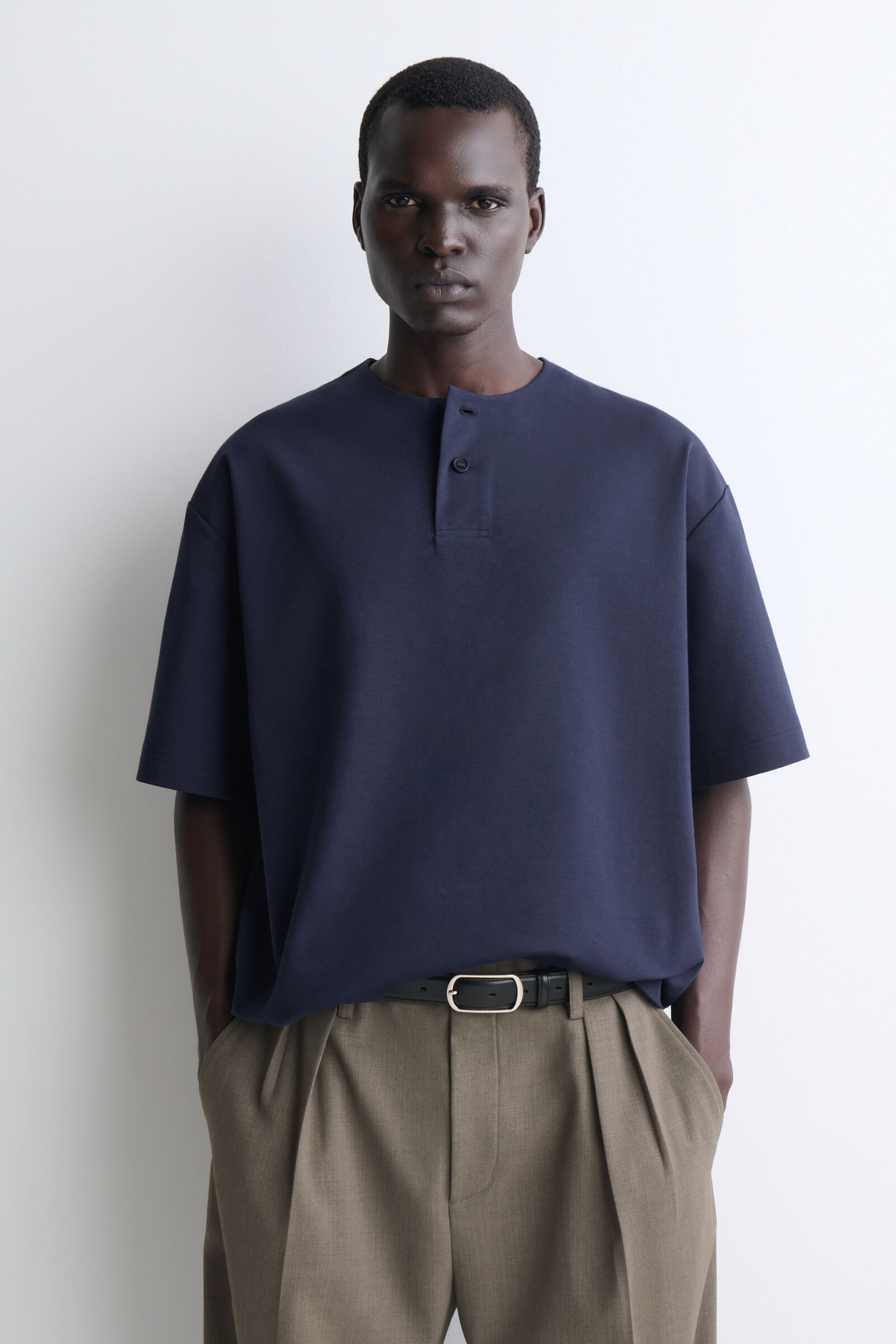 OVERSIZED COTTON-JERSEY HENLEY T-SHIRTDARK BLUE