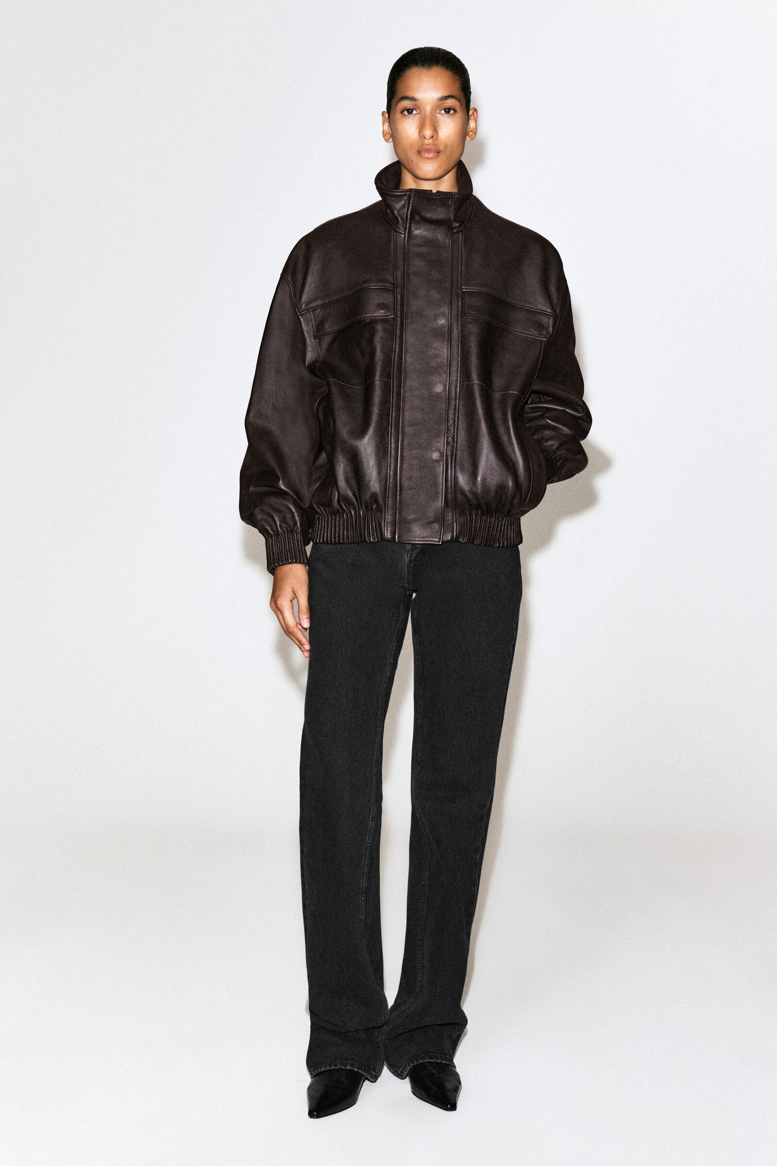 LEATHER FUNNEL-NECK BOMBER JACKETDARK BROWN