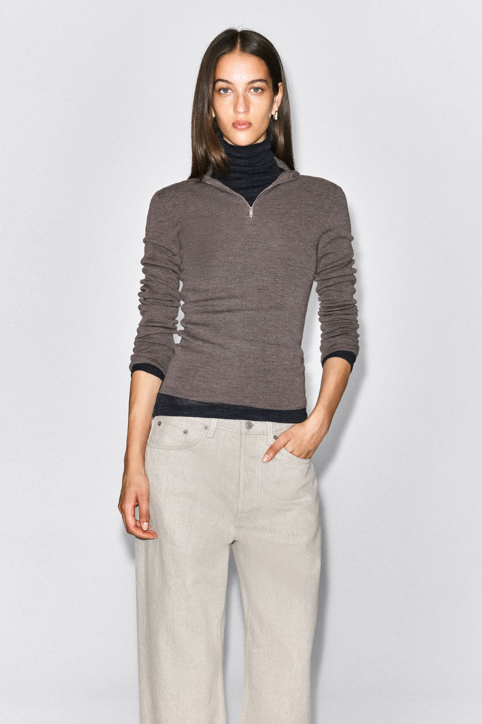 SEAMLESS MERINO WOOL ZIP-UP TOPLIGHT-BROWN MÉLANGE