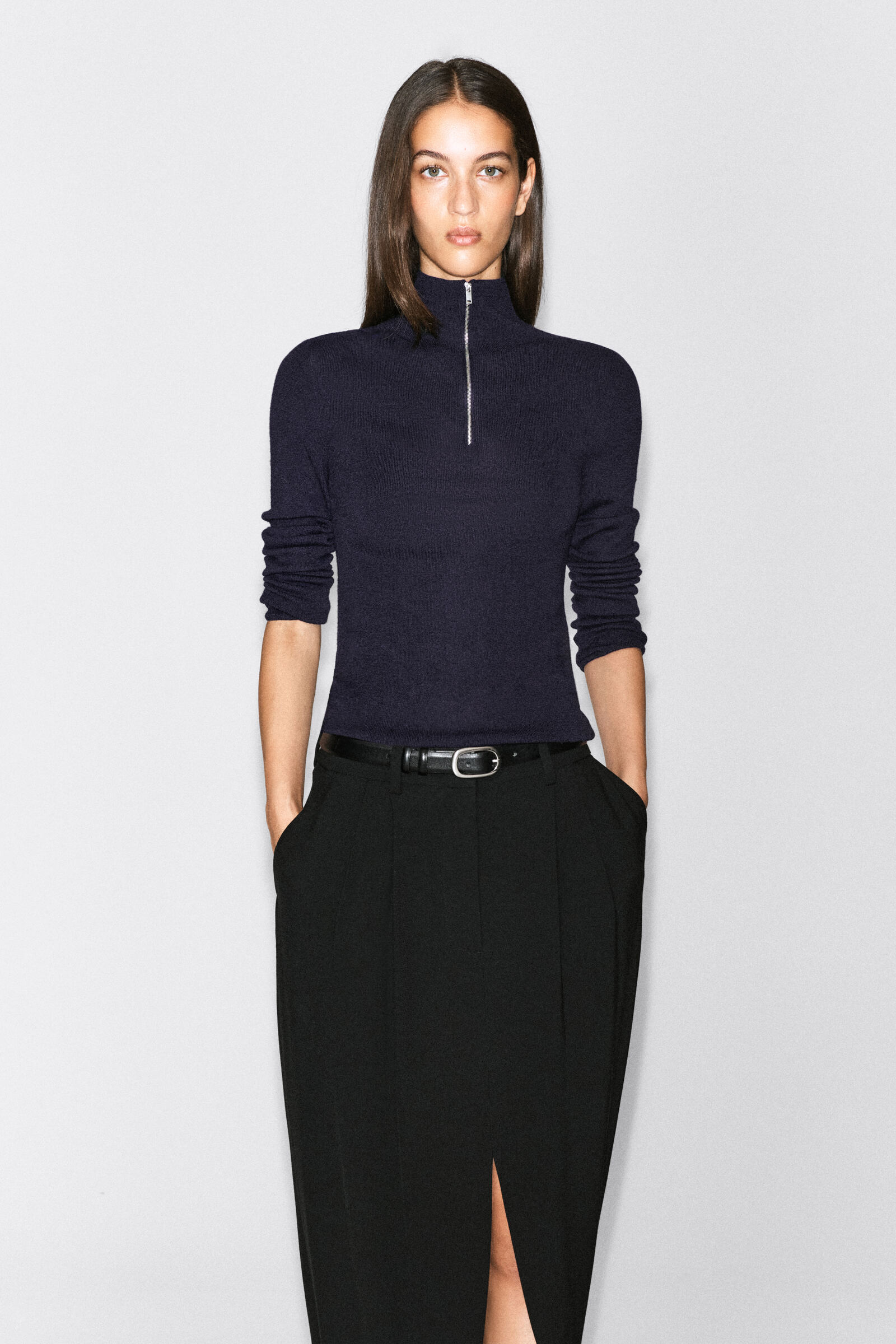 SEAMLESS MERINO WOOL ZIP-UP TOPNAVY
