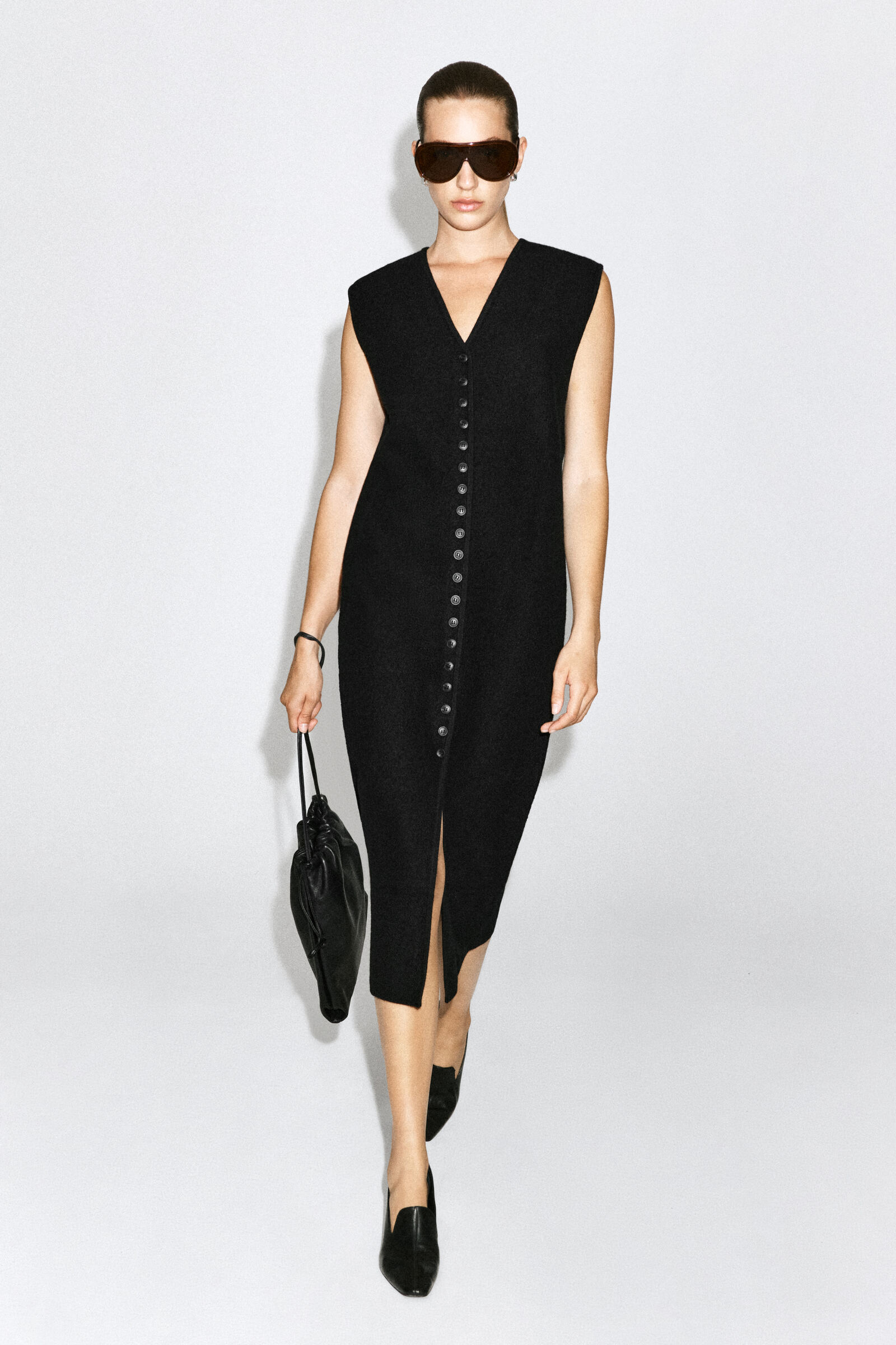 BUTTONED BOILED MERINO WOOL DRESSBLACK
