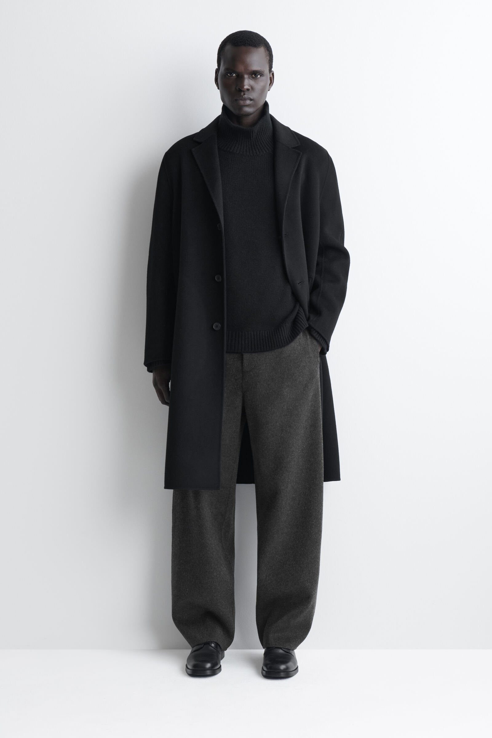 DOUBLE-FACED WOOL RELAXED-FIT WIDE-LEG TROUSERSCHARCOAL