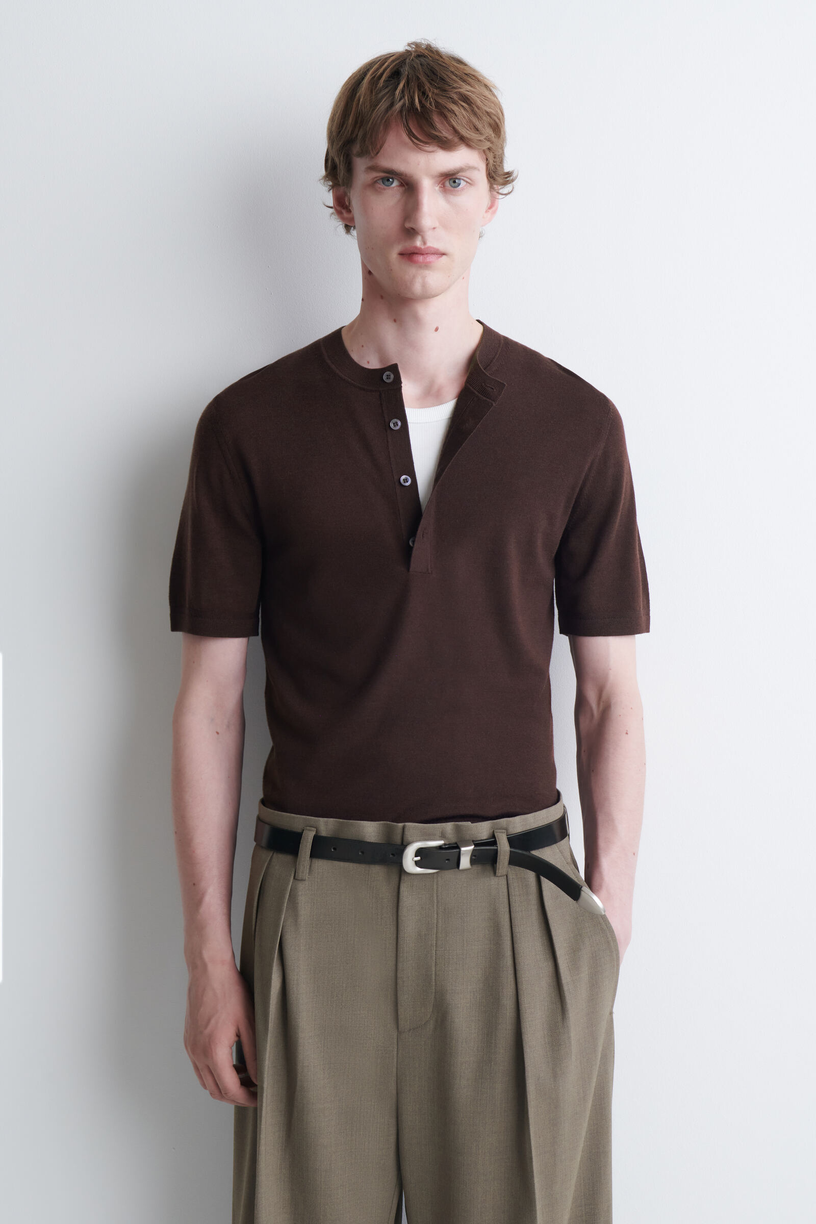 SLIM MERINO WOOL HENLEY T-SHIRTBURGUNDY