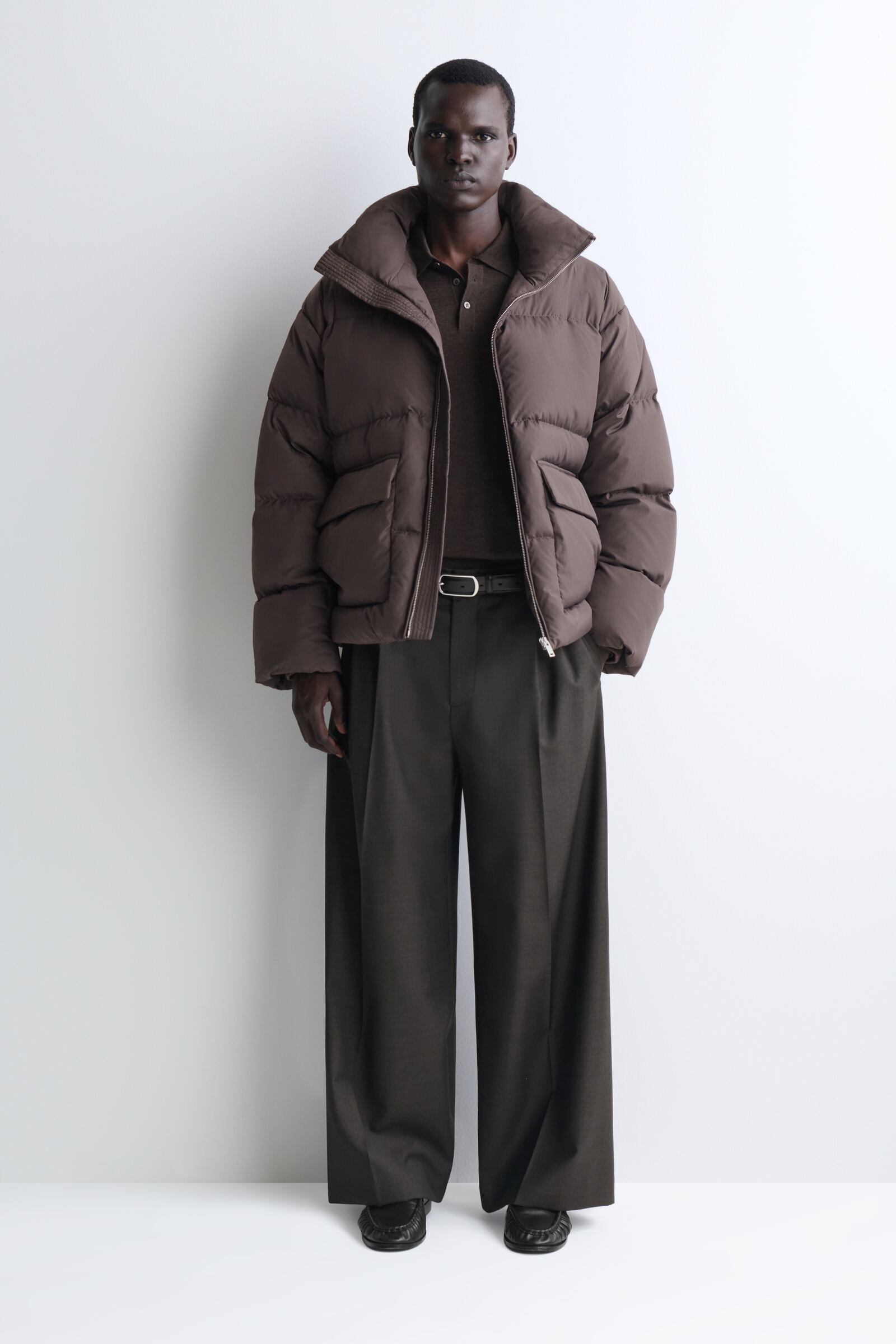 FUNNEL-NECK NYLON DOWN PUFFER JACKETGREY-BROWN