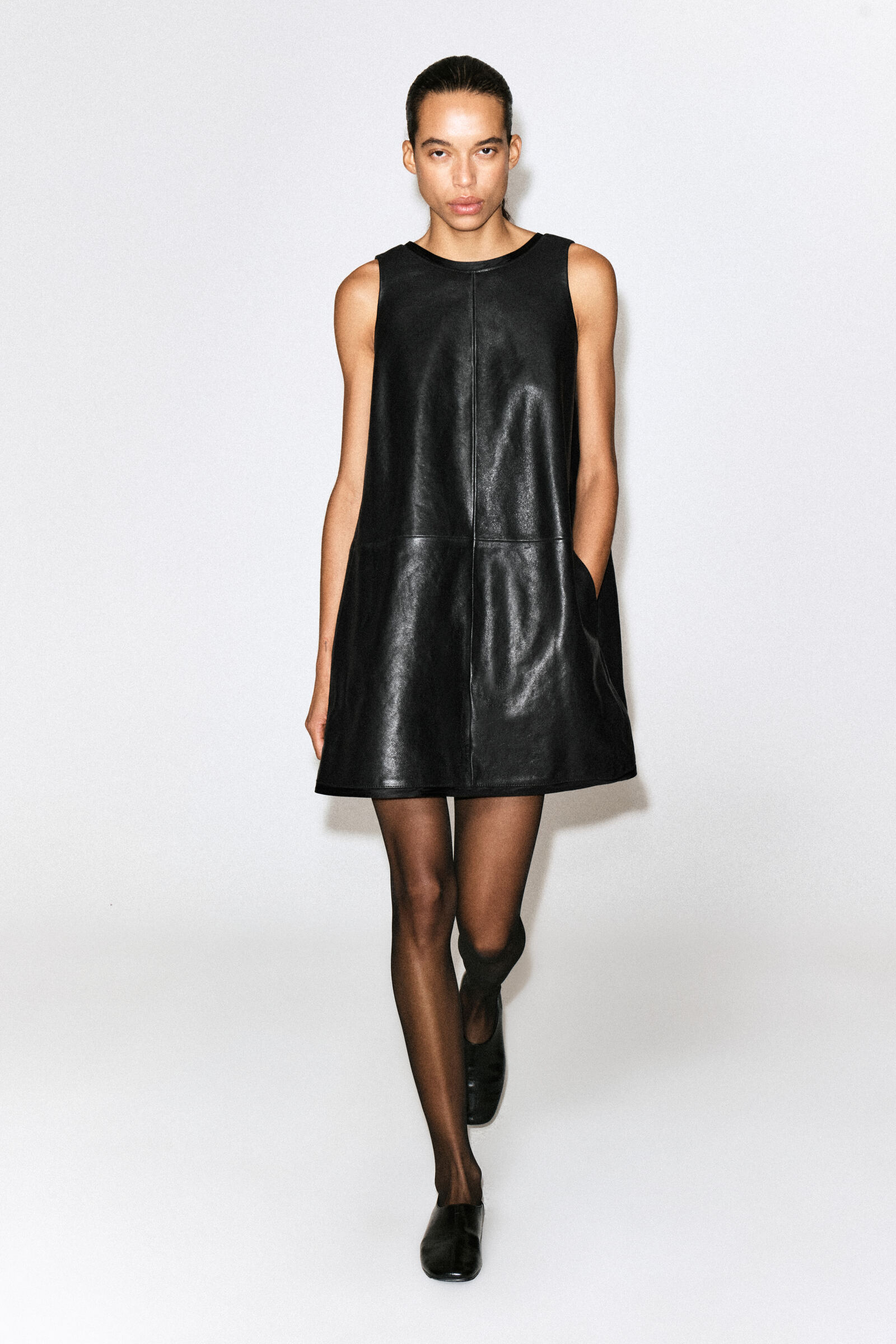 LEATHER A-LINE MINI DRESSBLACK