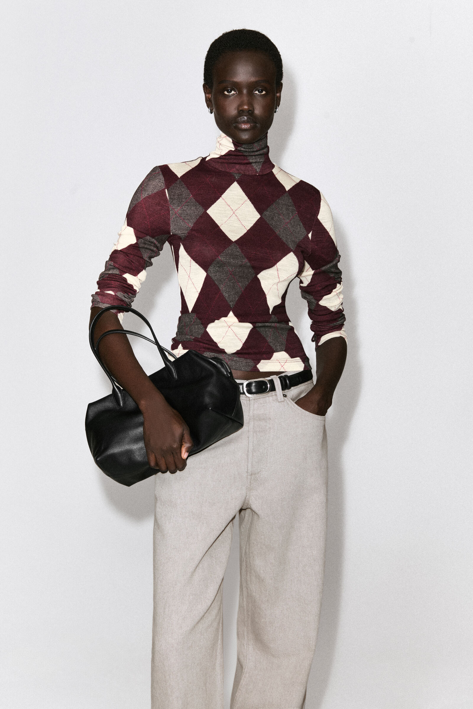 MERINO WOOL HIGH-NECK TOPBROWN / GREY / ARGYLE