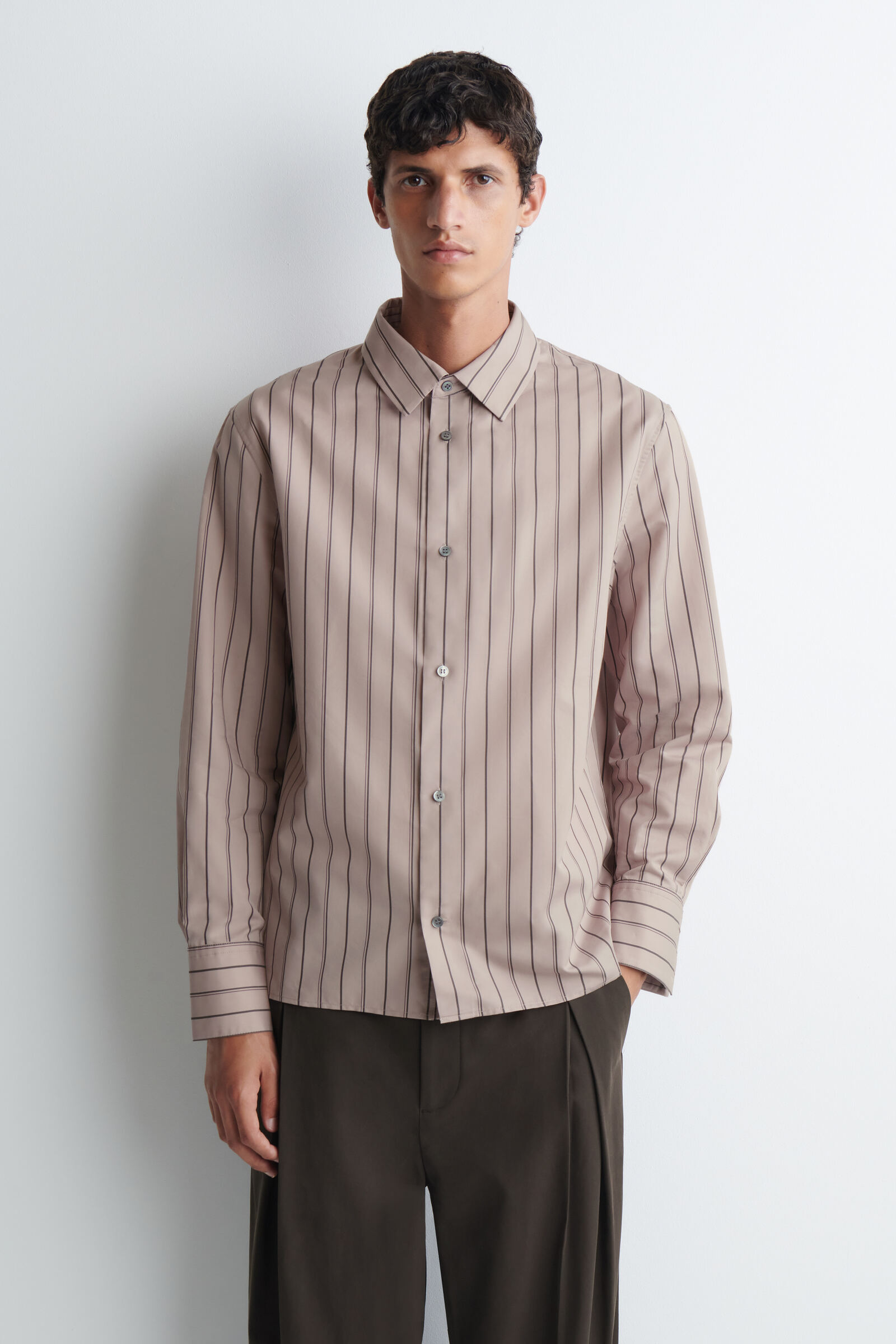 STRIPED STRUCTURED COTTON-SILK SHIRTMAUVE / CHOCOLATE / STRIPED