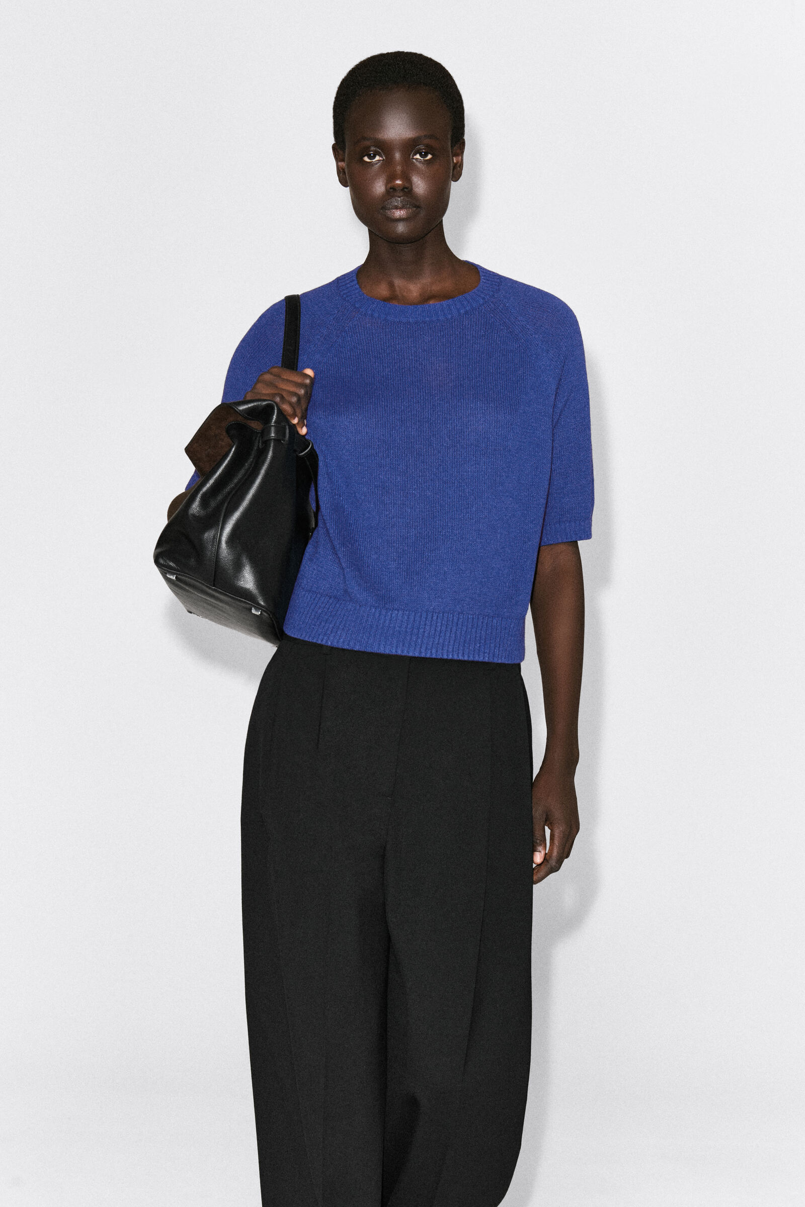SHRUNKEN KNITTED LINEN T-SHIRTCOBALT BLUE