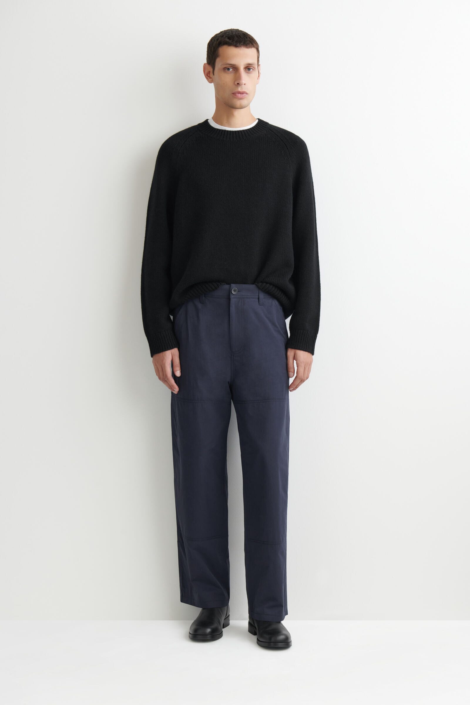 PANELLED COTTON RELAXED-FIT STRAIGHT-LEG TROUSERSNAVY