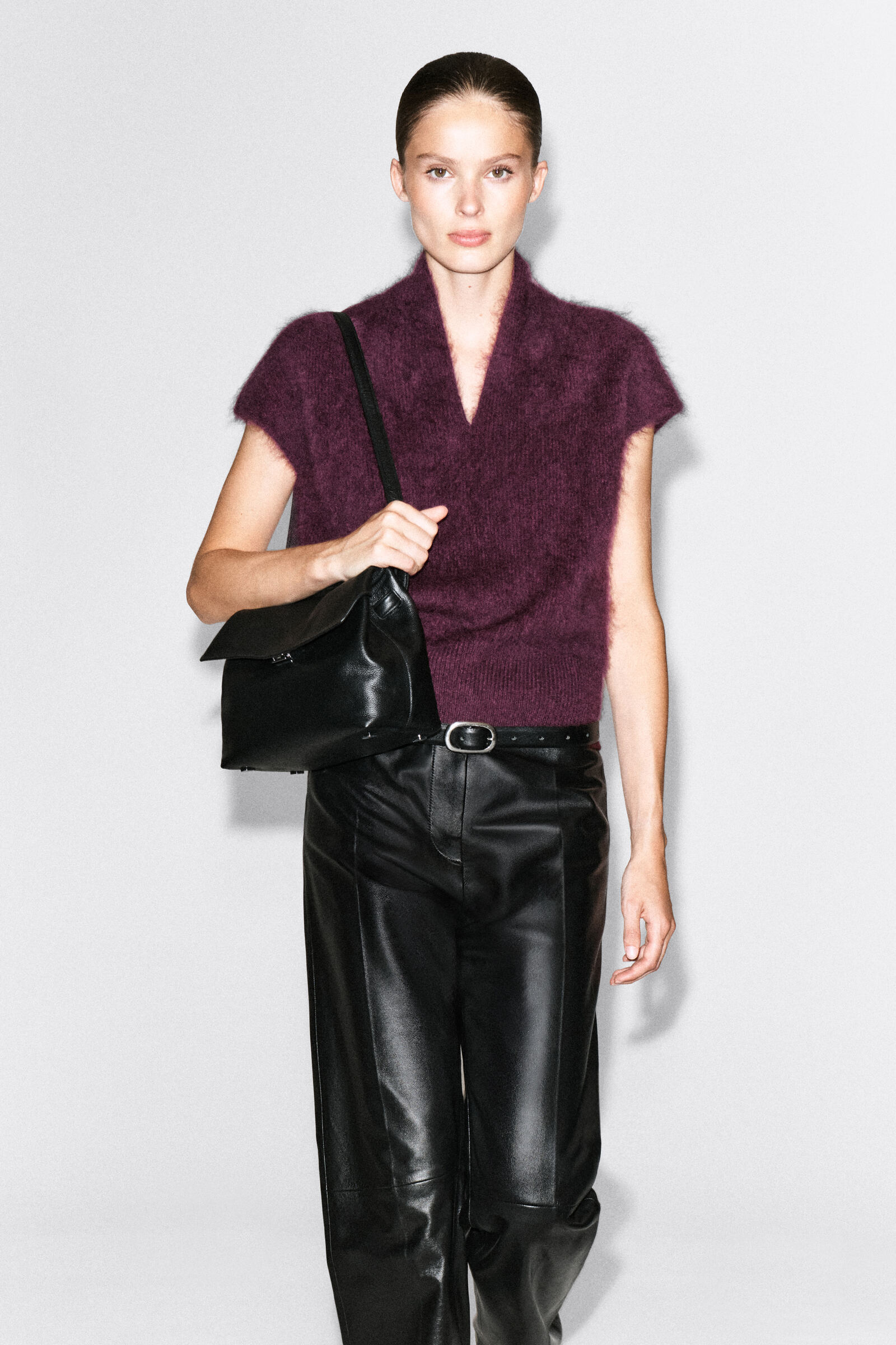 DRAPED BRUSHED MERINO WOOL TOPBURGUNDY