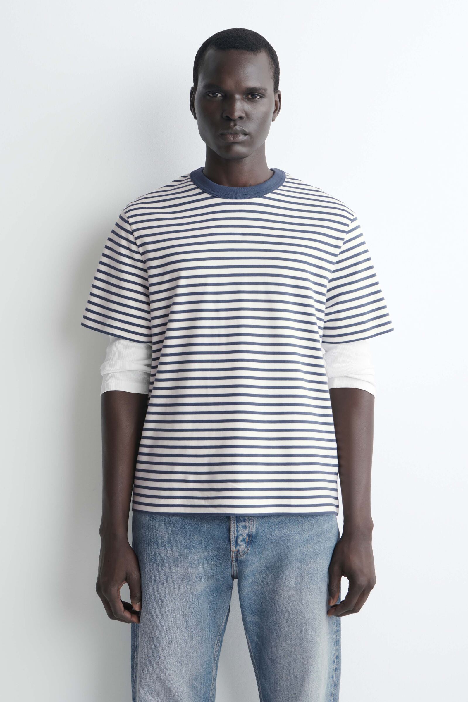 INTERLOCK COTTON CREW-NECK T-SHIRTWHITE / BLUE / STRIPED
