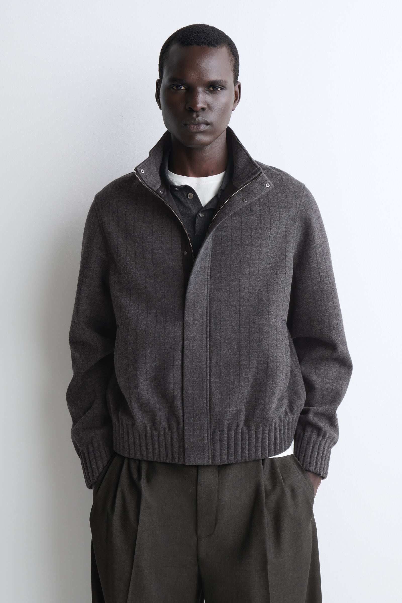 PINSTRIPED BONDED-JERSEY BOMBER JACKETGREY / PINSTRIPED