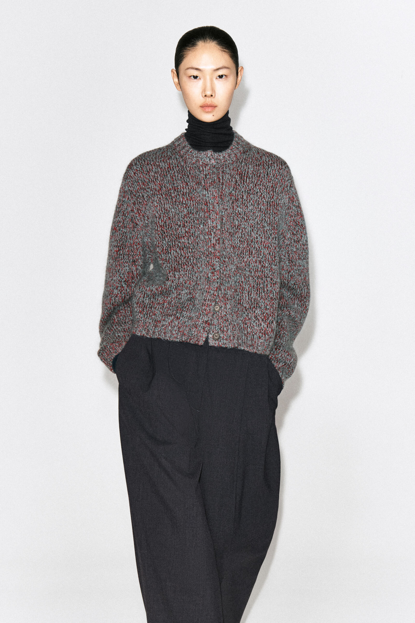 TWO-TONE WOOL-MOHAIR CARDIGANBLUE / RED