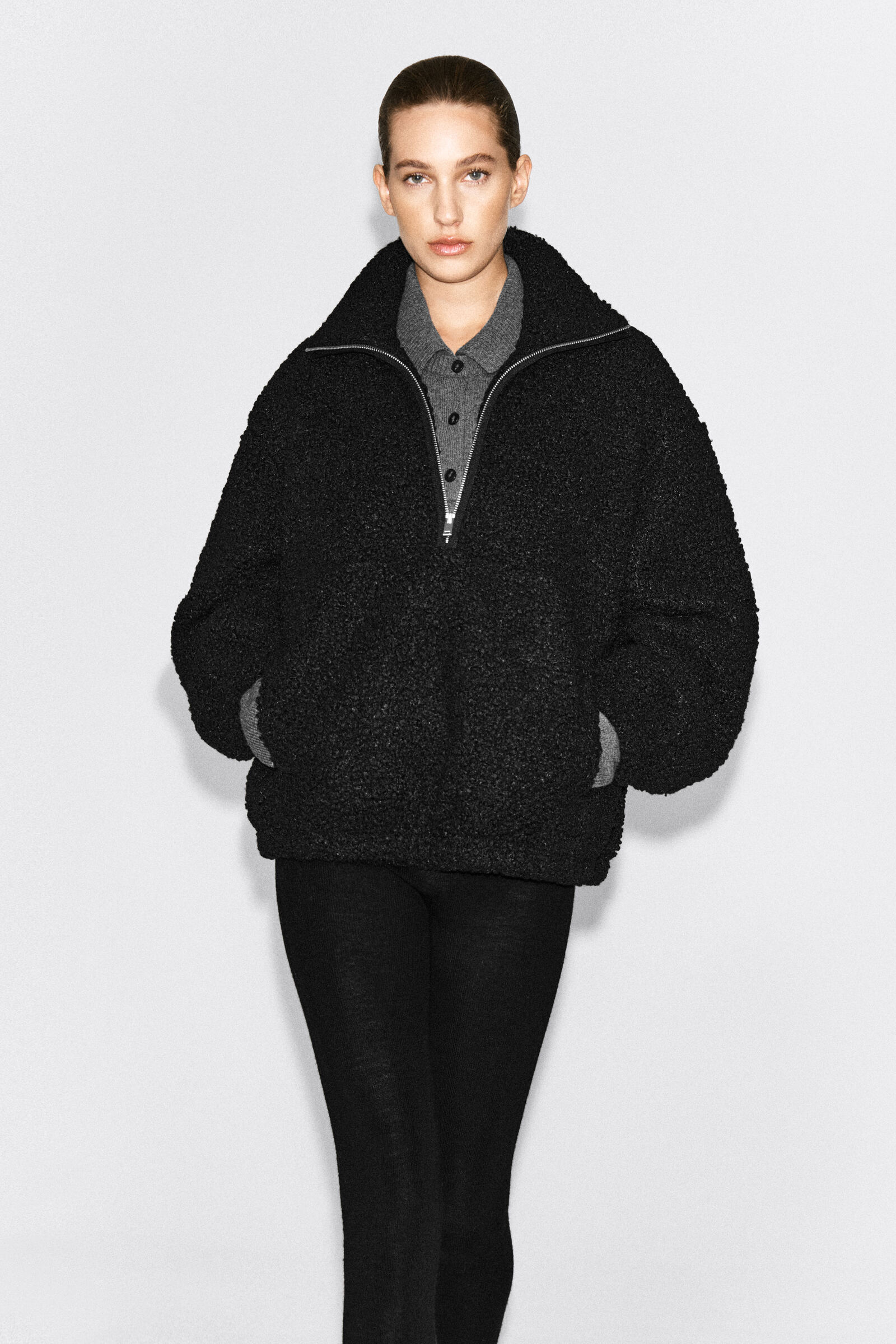 FUNNEL-NECK TEDDY ZIP-UP JUMPERBLACK