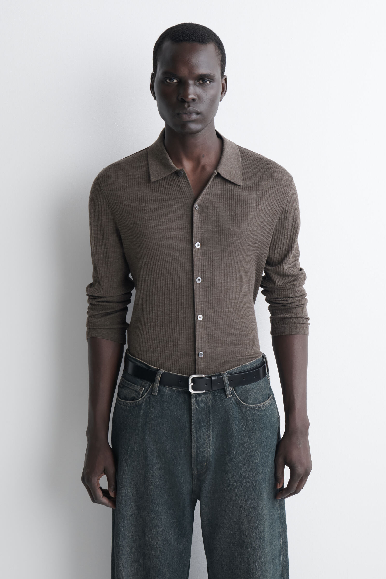 SLIM RIBBED WOOL SHIRTBEIGE MÉLANGE