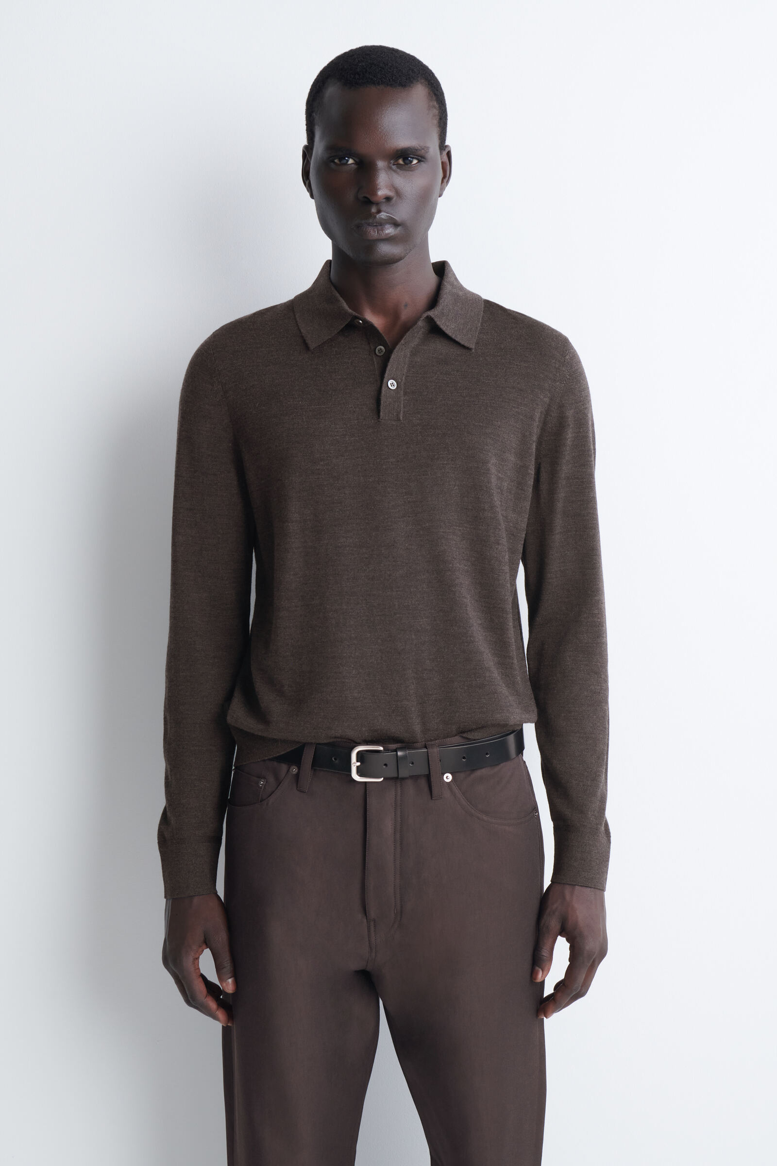 SLIM MERINO WOOL POLO SHIRTDARK-BROWN MÉLANGE