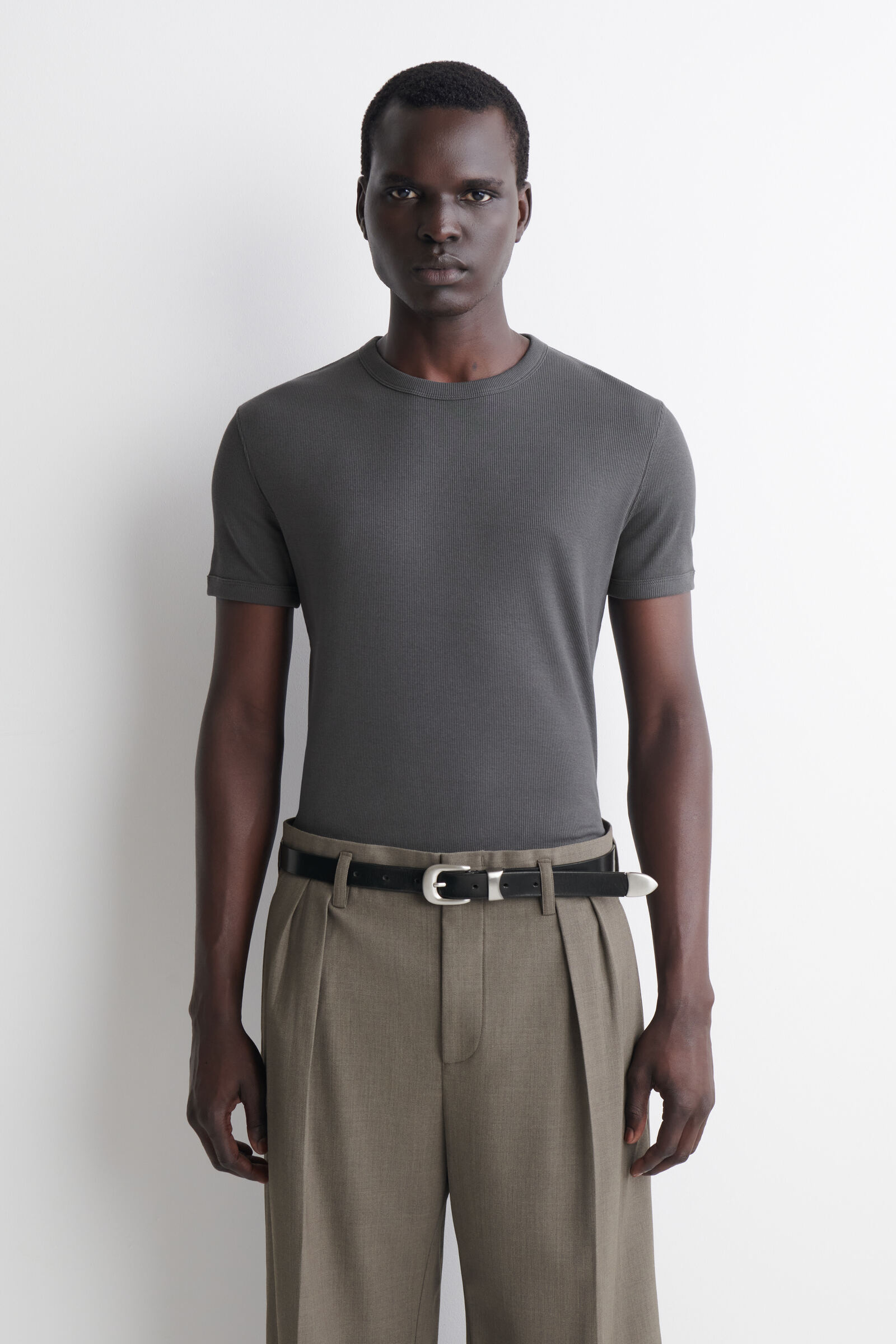 SLIM RIBBED COTTON T-SHIRTDARK GREY