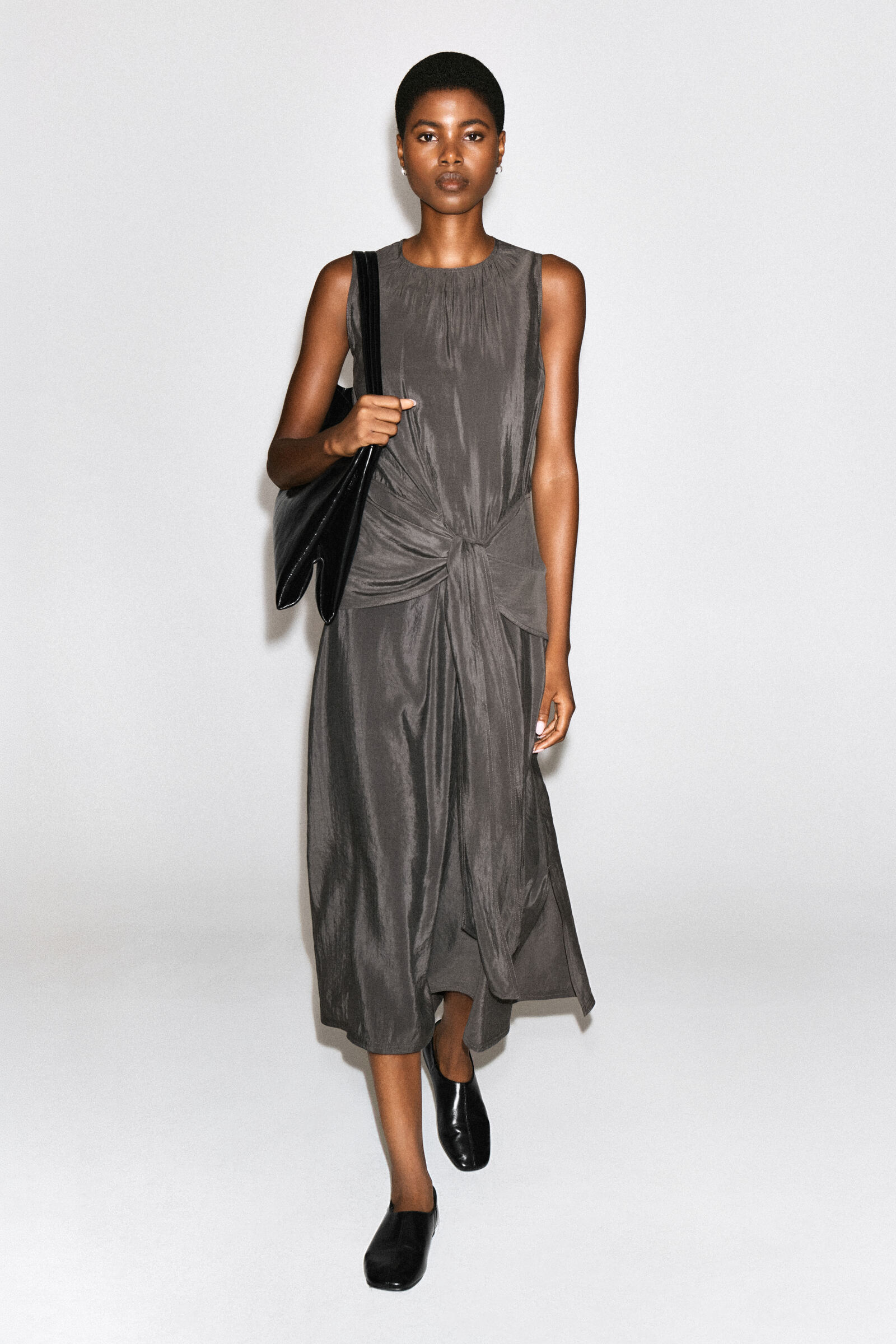TIE-DETAIL MULBERRY SILK MIDI DRESSCHARCOAL