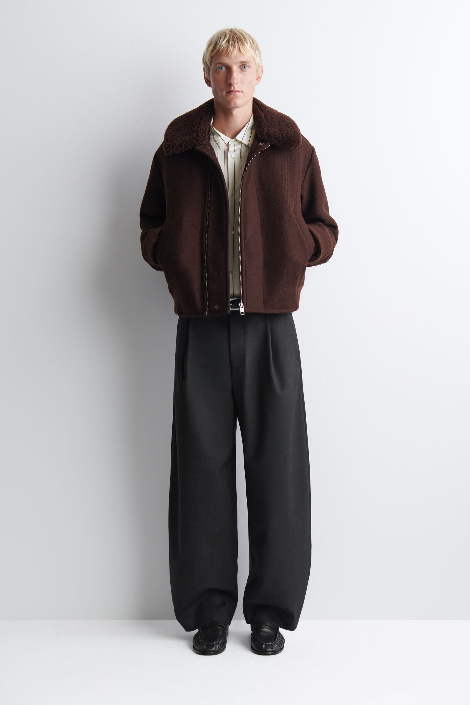 SHEARLING-COLLAR WOOL FLIGHT JACKETCHOCOLATE
