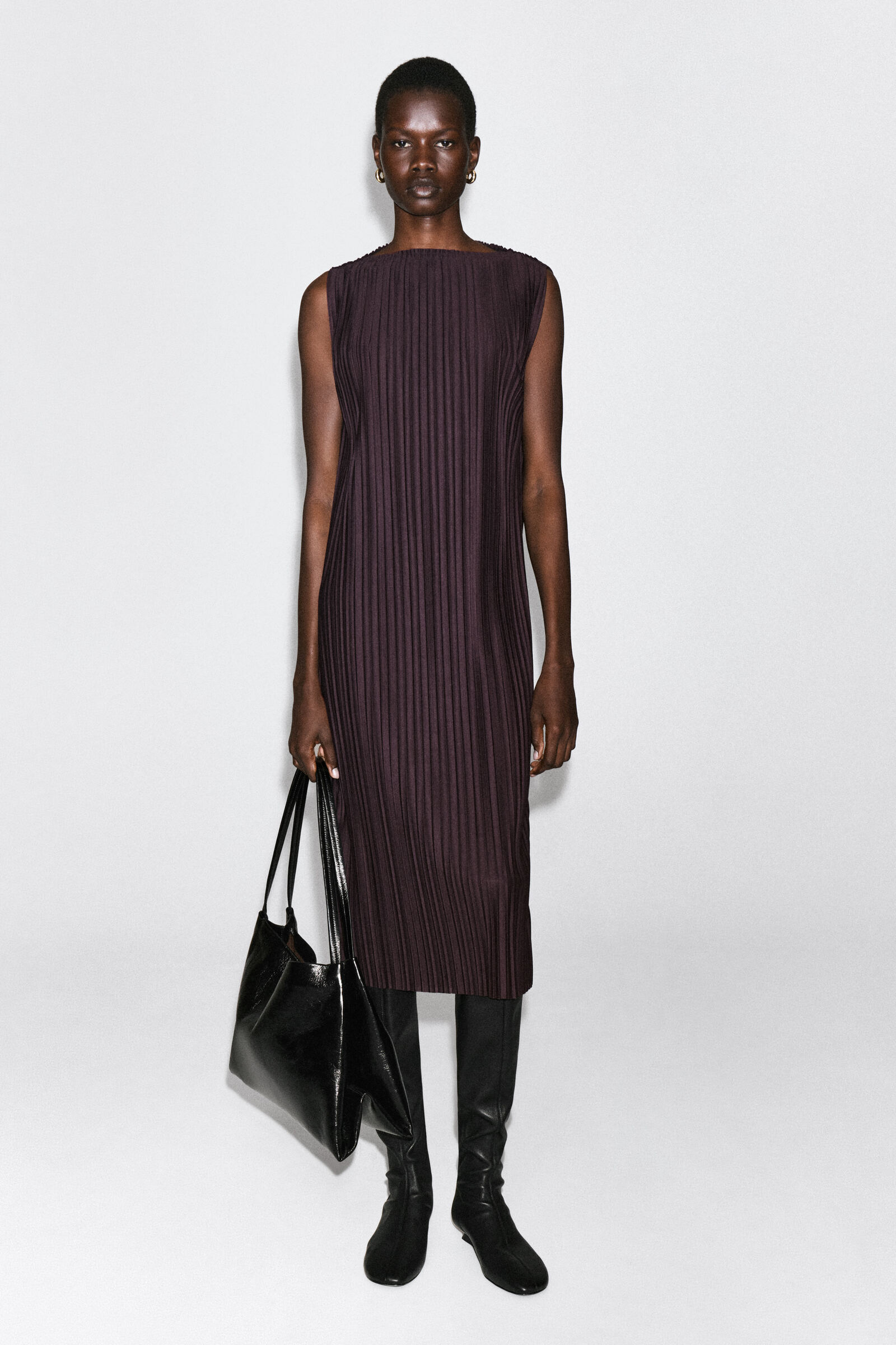 PLISSÉ-JERSEY MIDI DRESSBORDEAUX