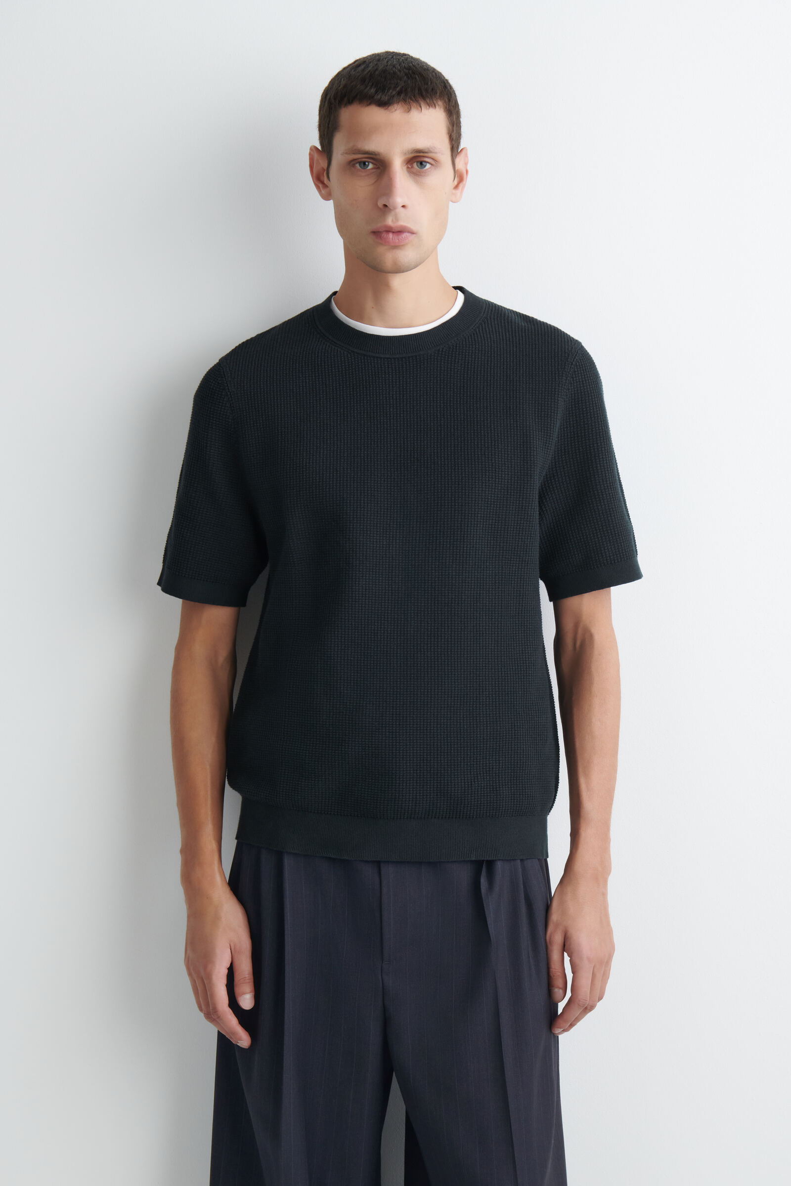 WAFFLE-KNIT COTTON T-SHIRTNAVY
