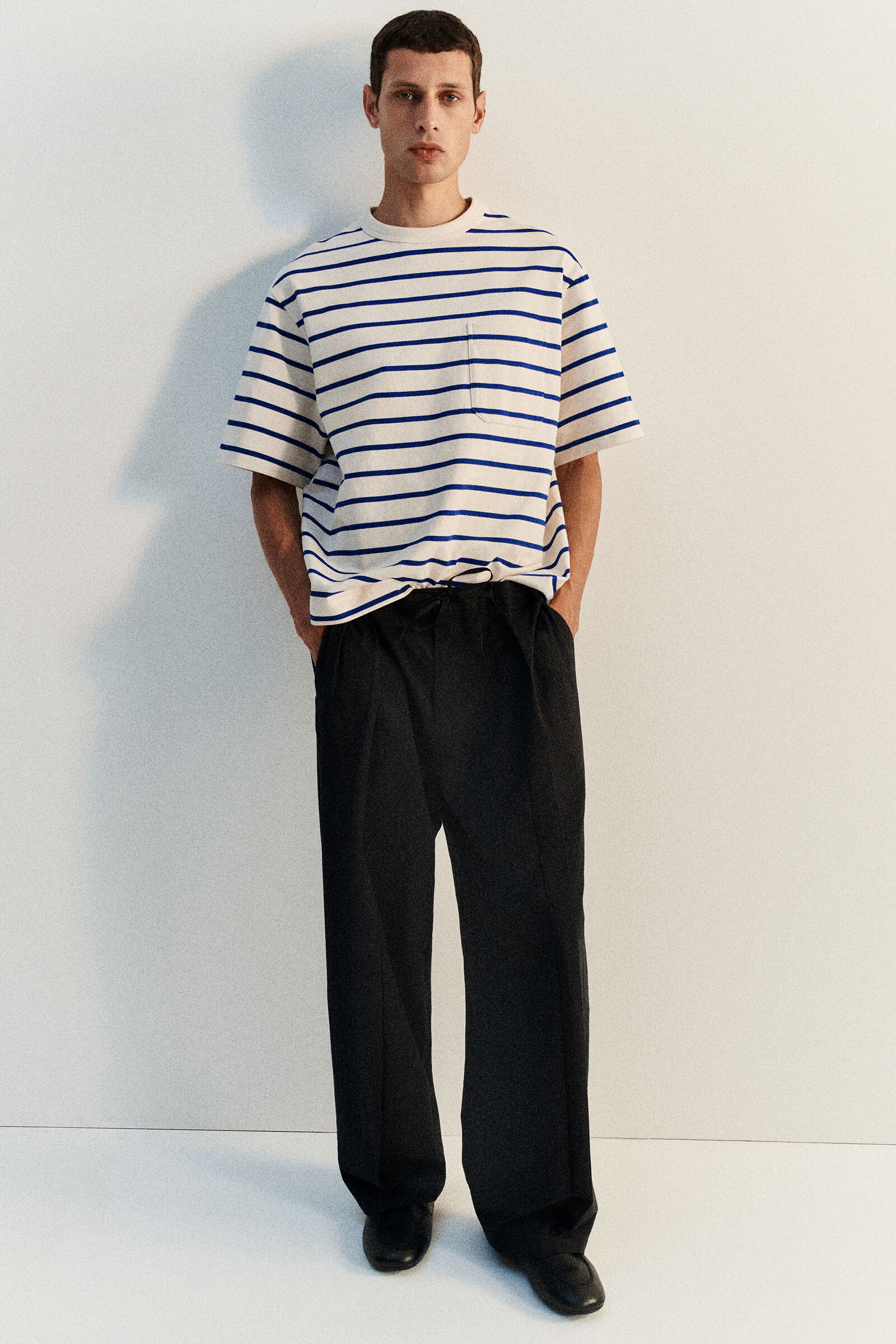 COTTON RELAXED WIDE-LEG DRAWSTRING TROUSERSBLACK