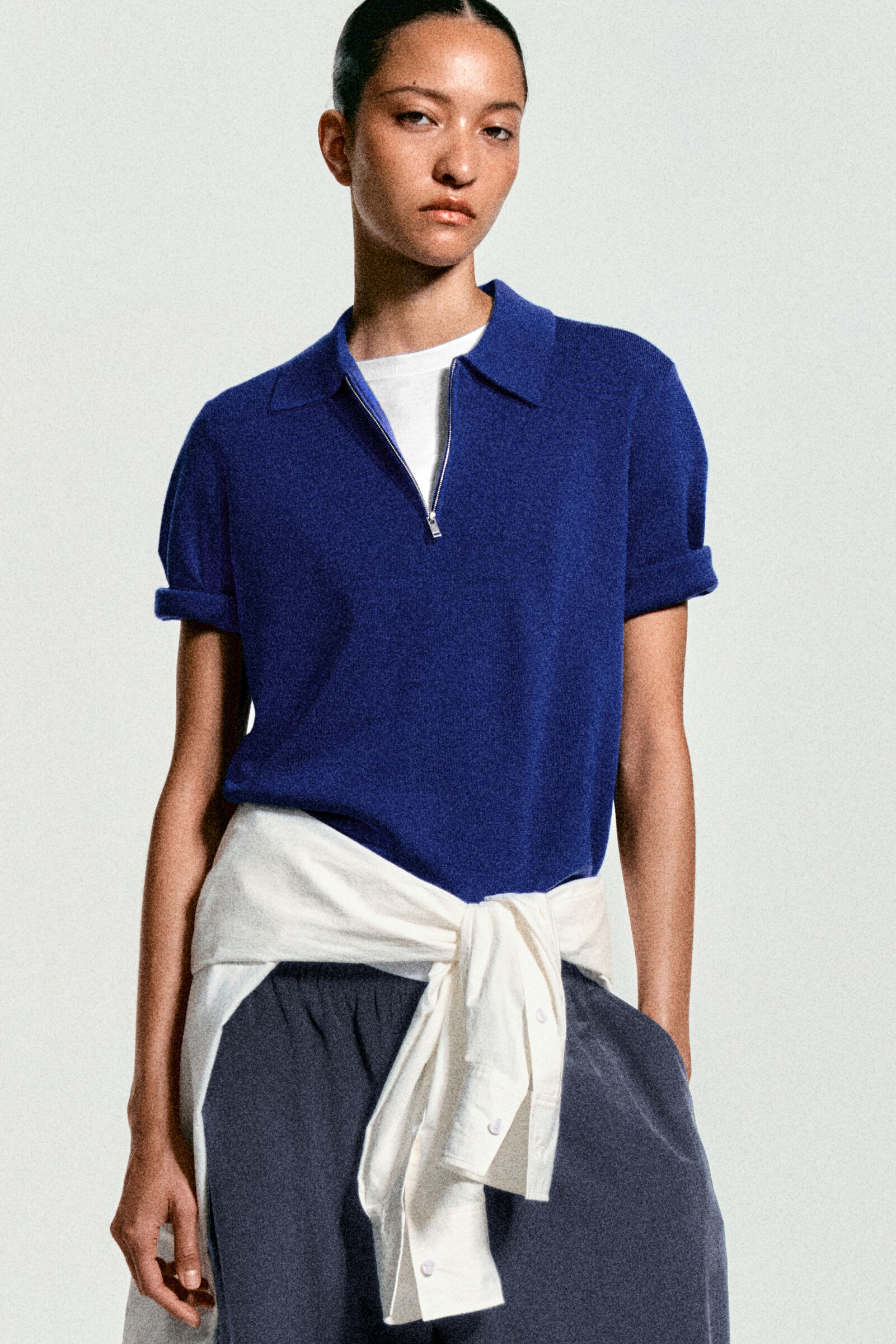 MERINO WOOL ZIP-UP POLO SHIRTCOBALT BLUE