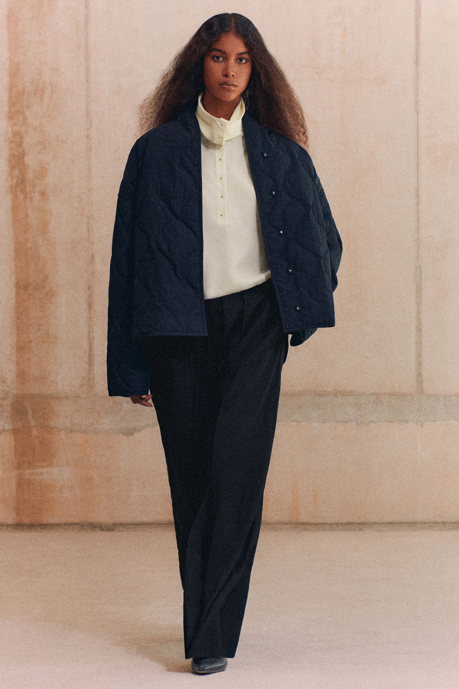 ELASTICATED TWILL STRAIGHT-LEG TROUSERSBLACK