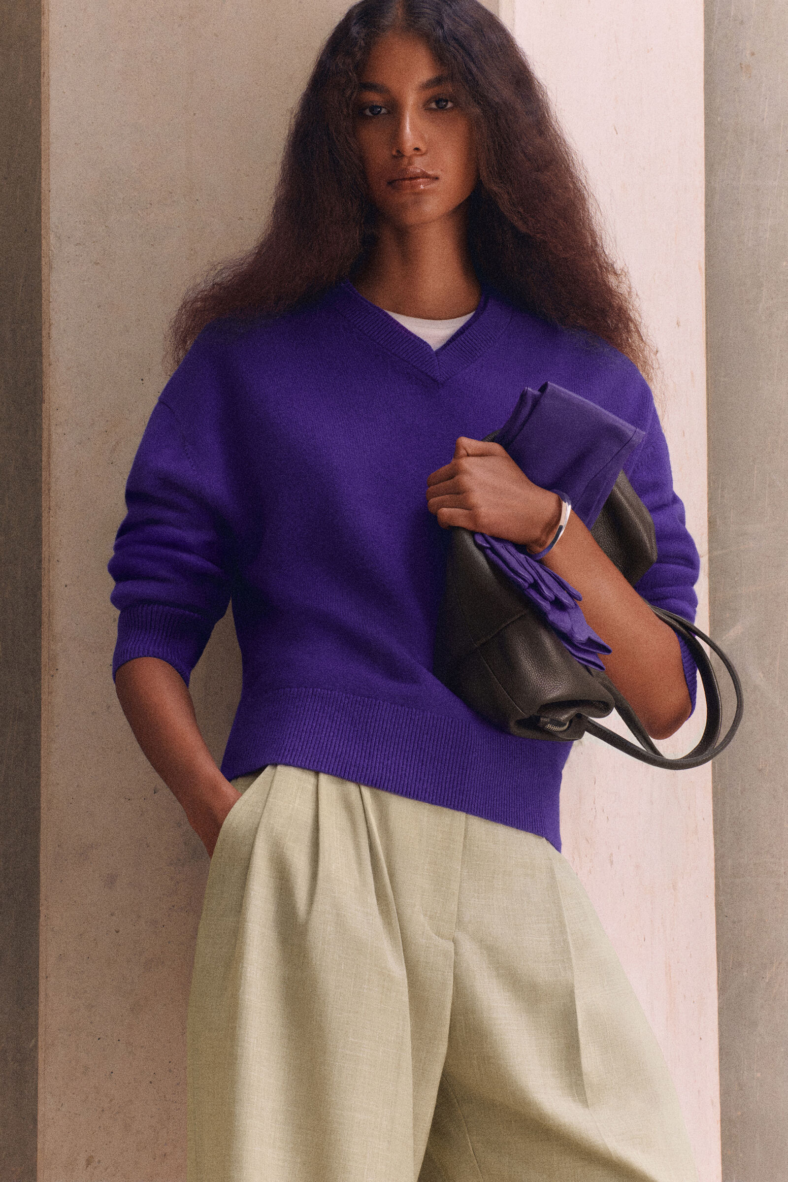 MERINO WOOL LAYERED V-NECK JUMPERPURPLE