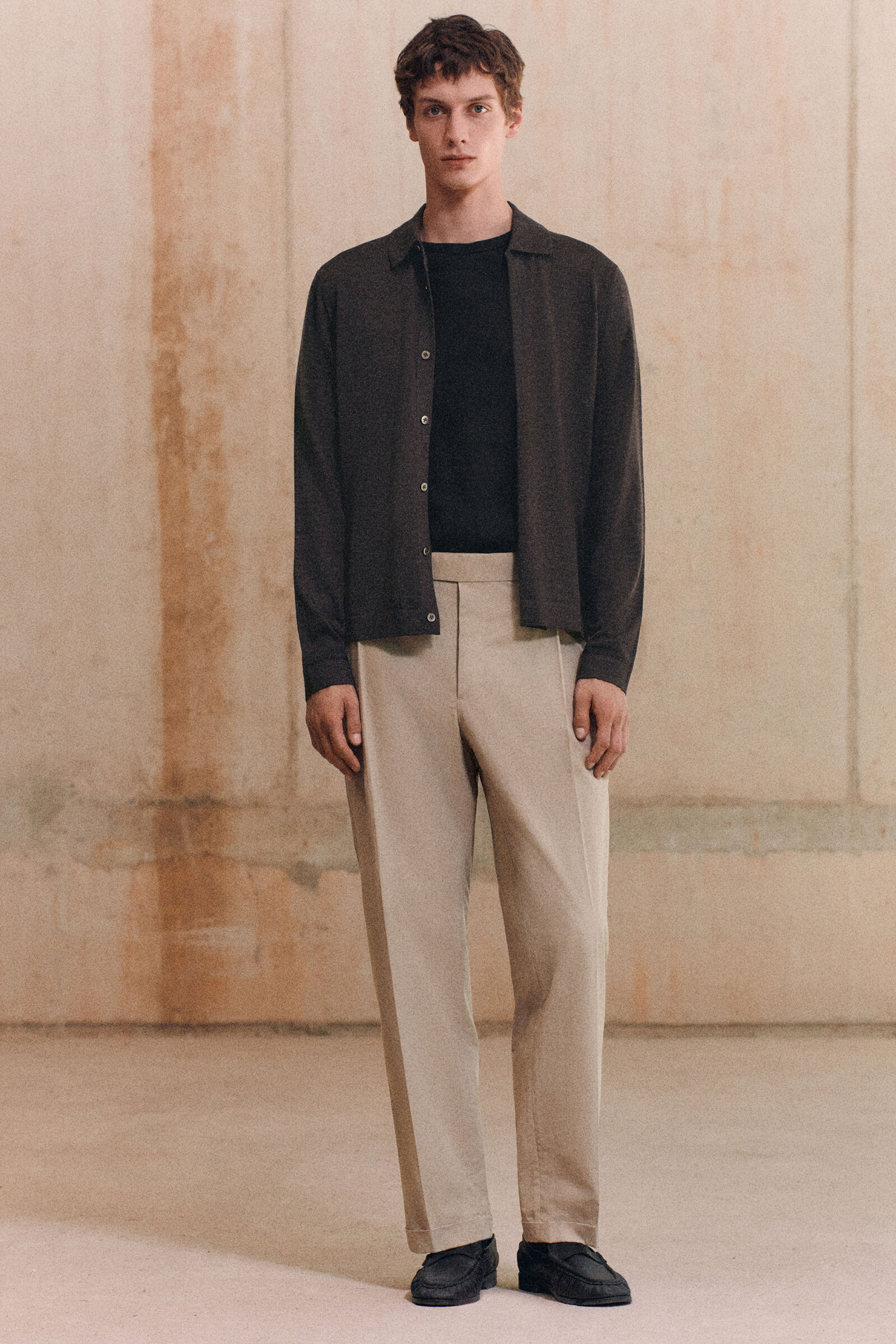 KNITTED MERINO WOOL SHIRTDARK-BROWN MÉLANGE