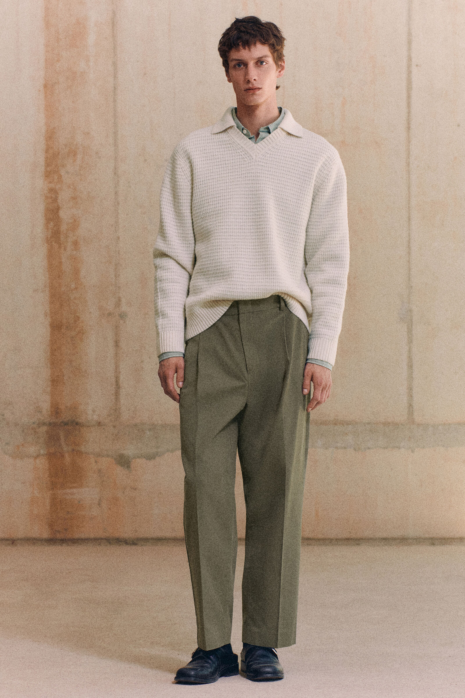 WAFFLE-KNIT WOOL POLO JUMPERCREAM