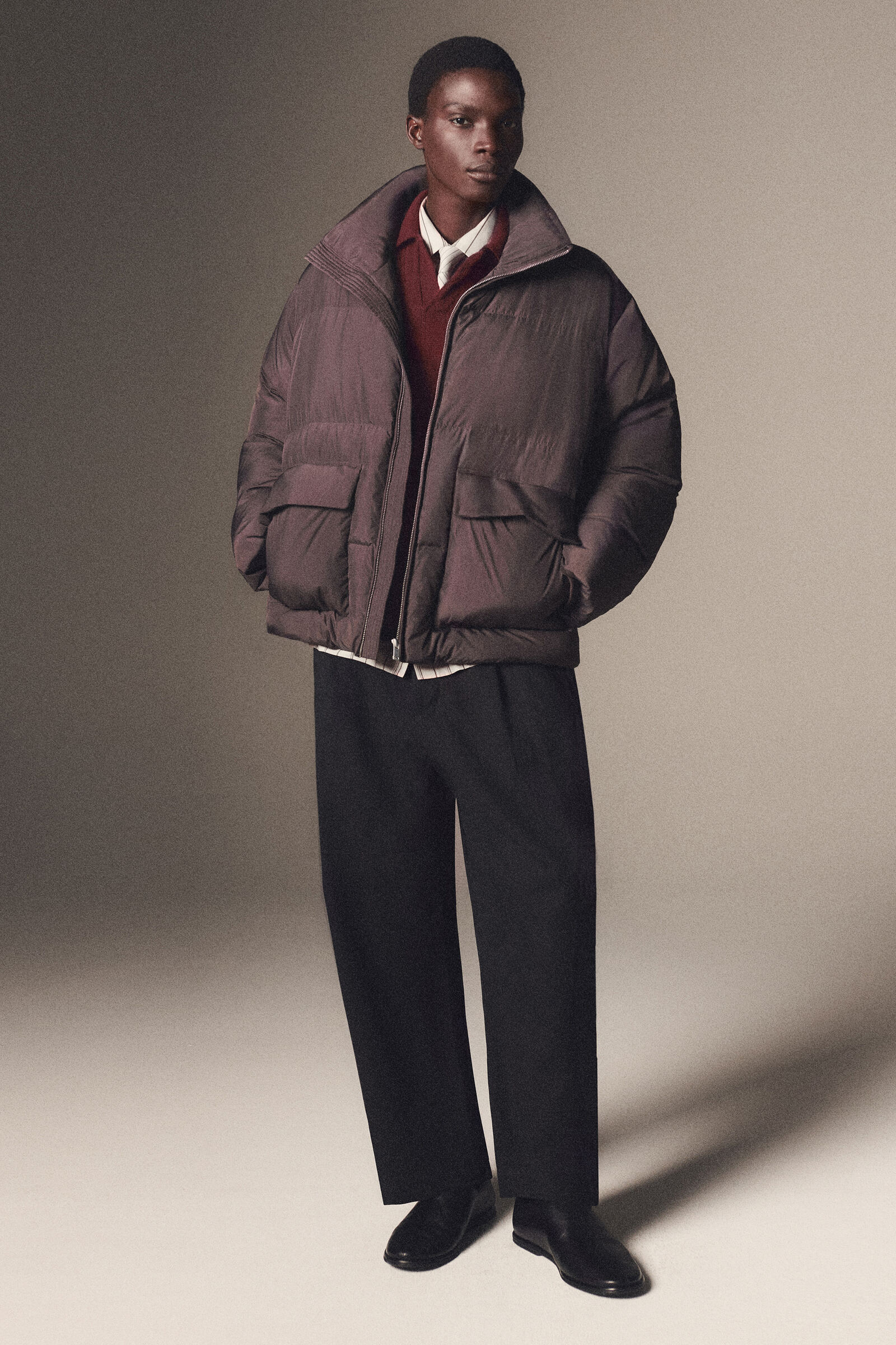 FUNNEL-NECK NYLON DOWN PUFFER JACKETGREY-BROWN