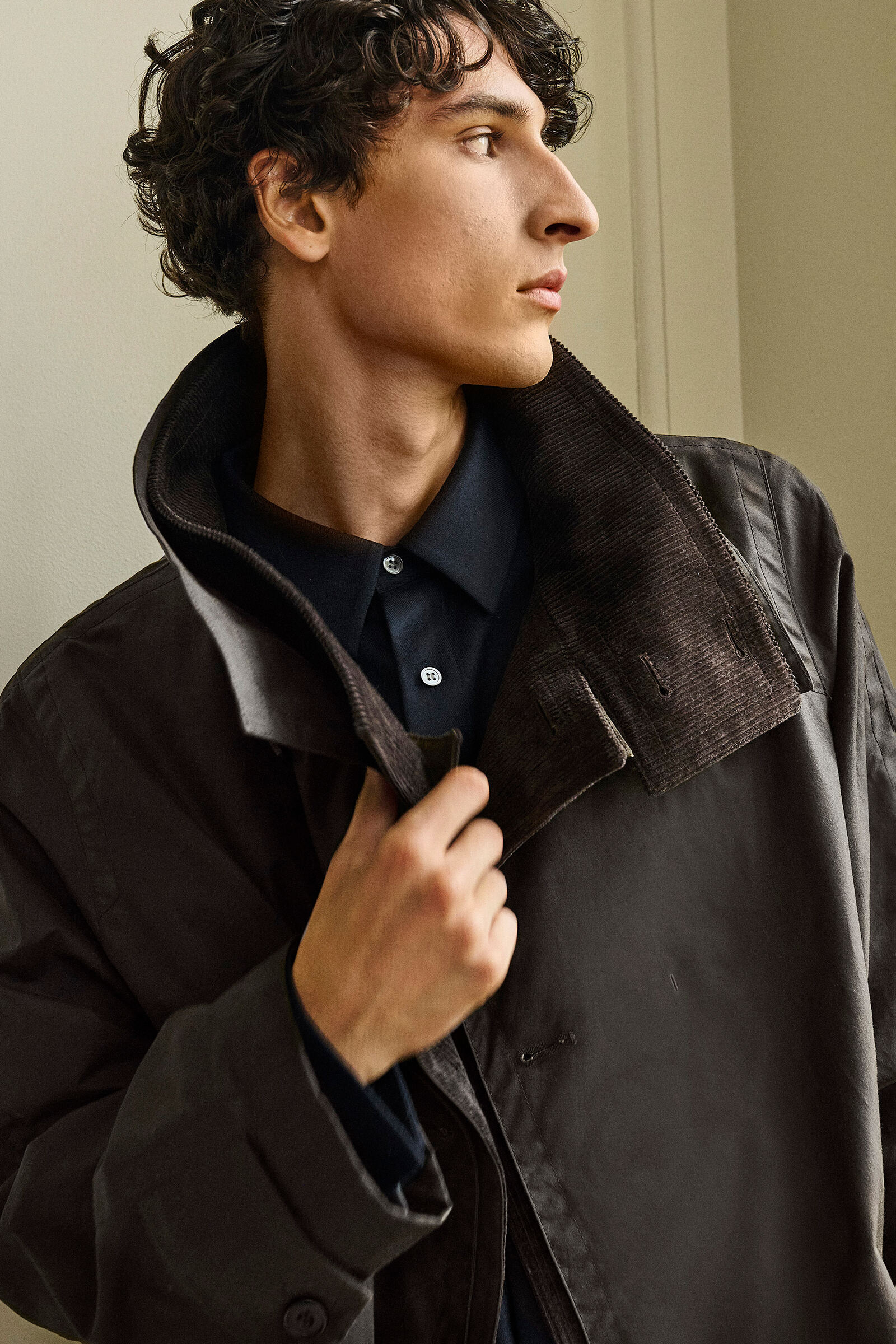 CORDUROY-DETAIL WAXED-COTTON JACKETKHAKI / CHOCOLATE