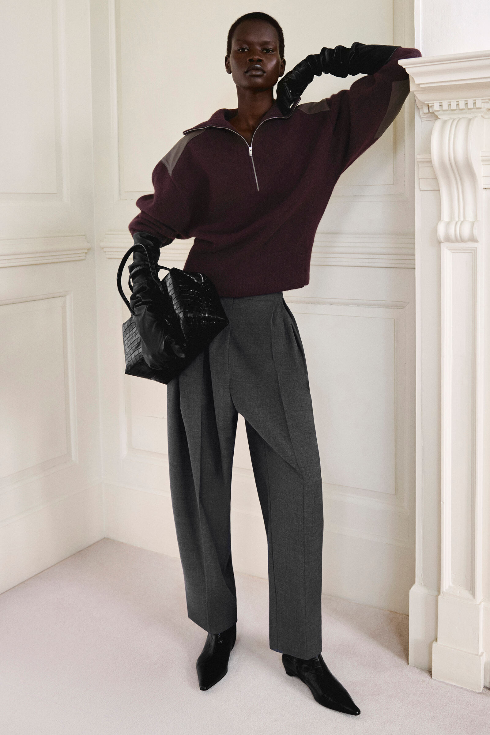 LEATHER-PATCH MERINO WOOL ZIP-UP JUMPERBURGUNDY