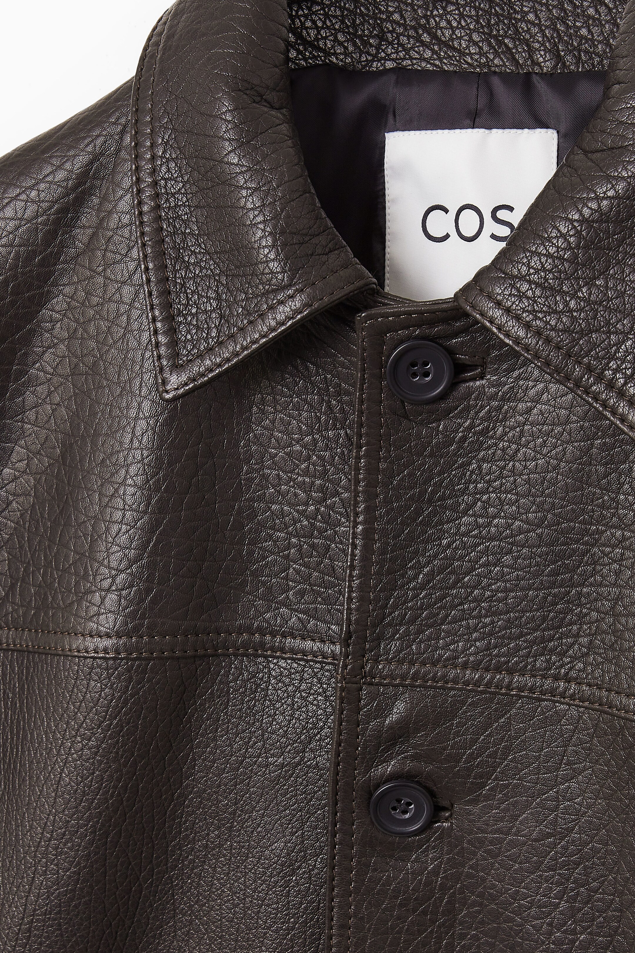 COLLARED GRAINED-LEATHER JACKET - DARK BROWN