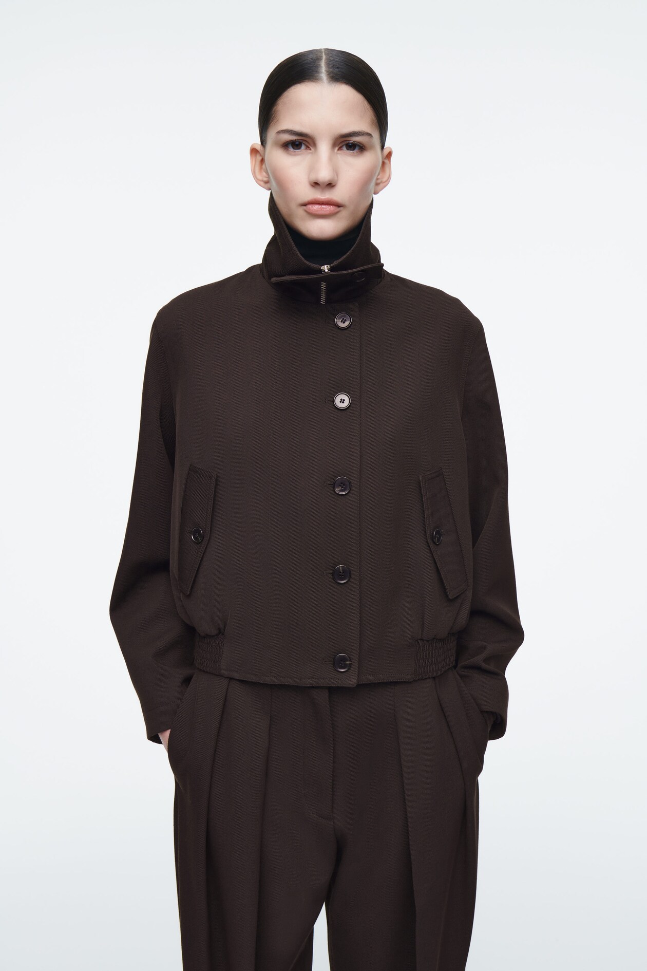 OVERSIZED FUNNEL-NECK WOOL-BLEND JACKET - DARK BROWN
