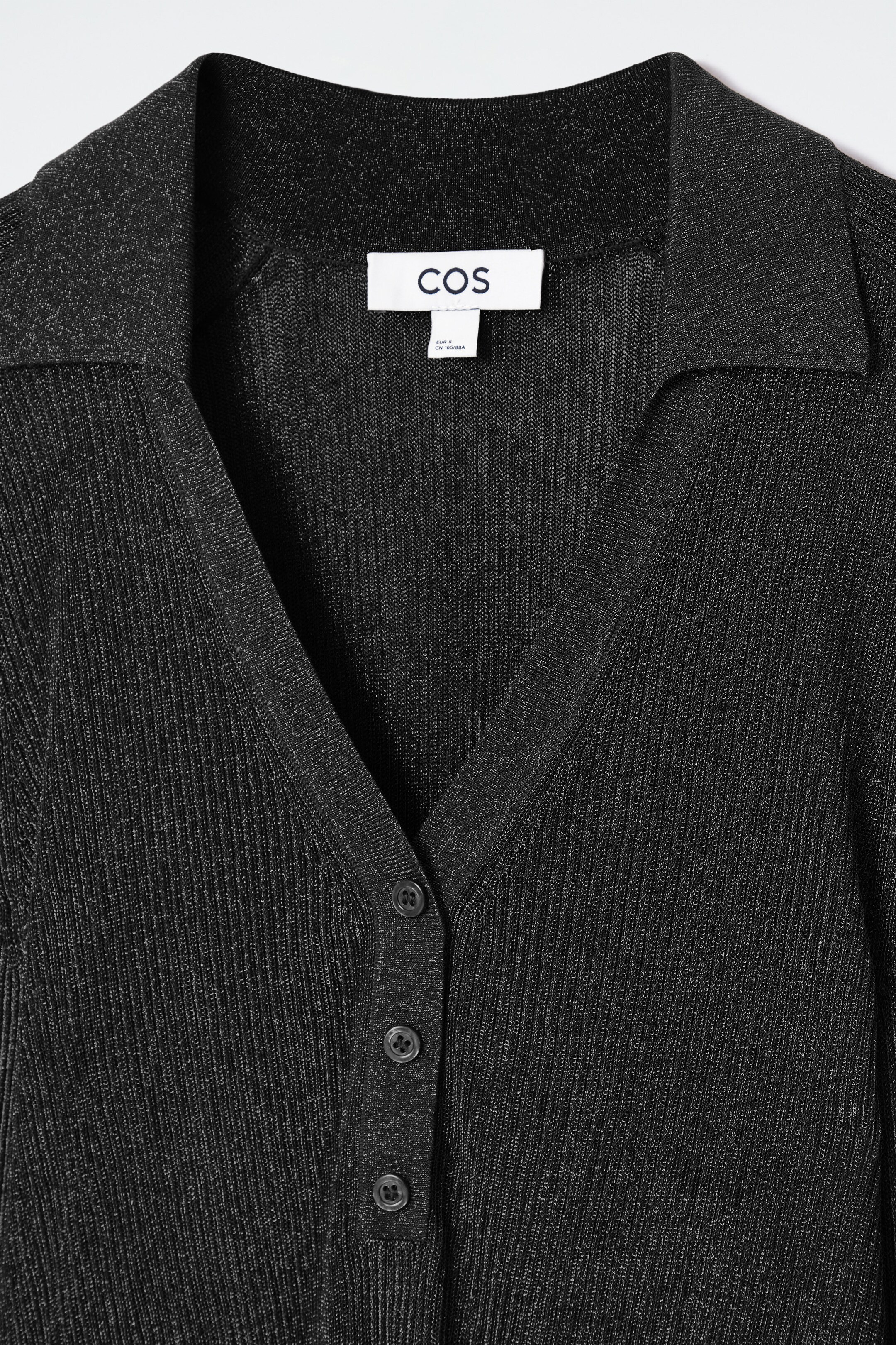 SPARKLY RIBBED-KNIT POLO SHIRT - BLACK