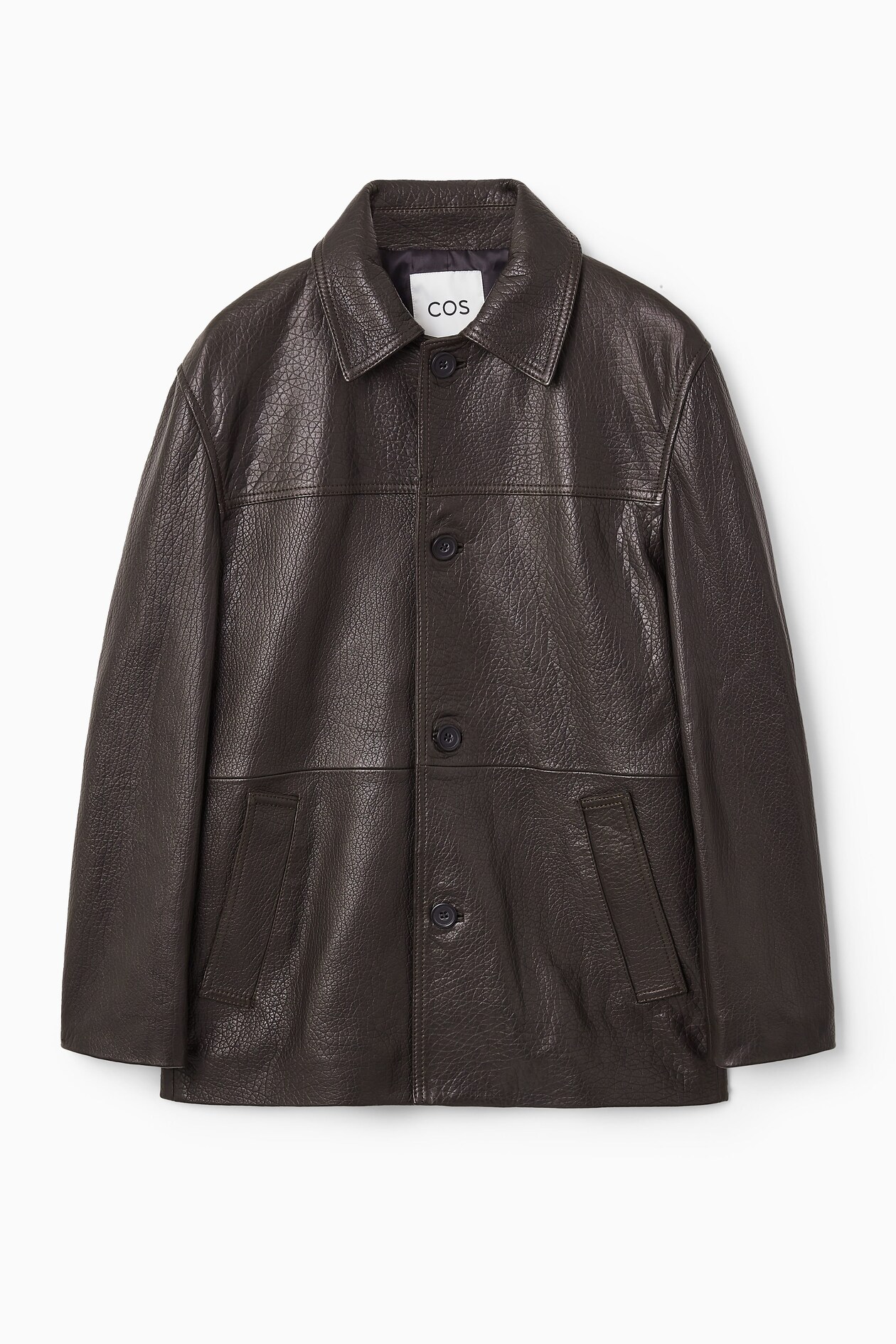 COLLARED GRAINED-LEATHER JACKET - DARK BROWN