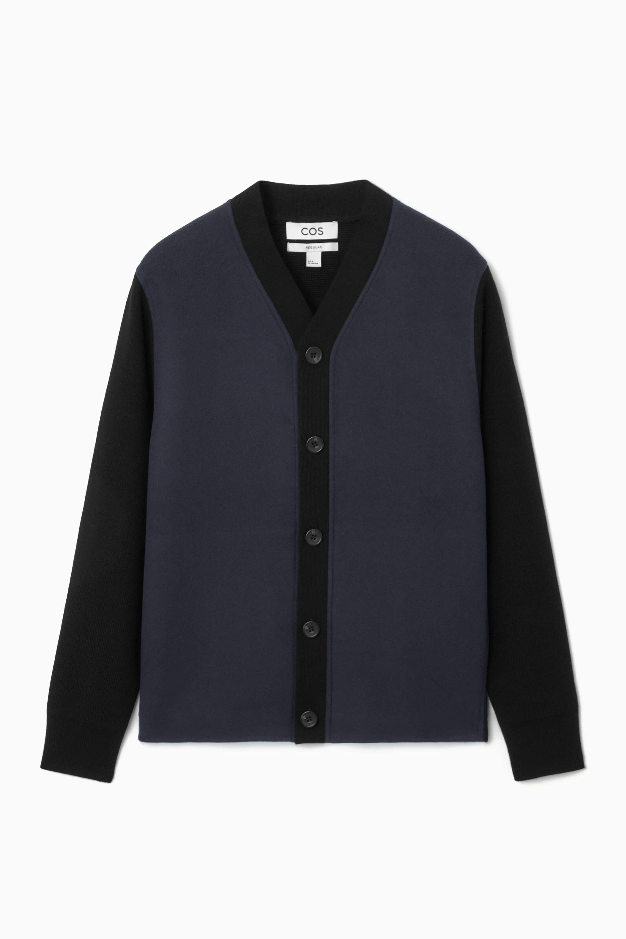 COLOUR-BLOCK PANELLED WOOL CARDIGAN - BLACK / NAVY 